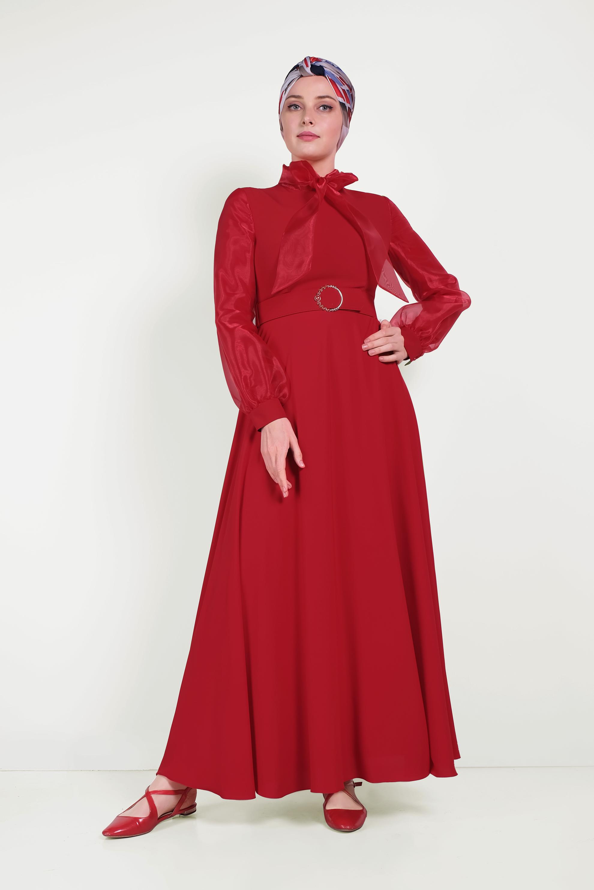 Tesettür giyim KIRMIZI BOYUNDAN BAĞLAMALI TÜL DETAYLI ELBİSE 40459