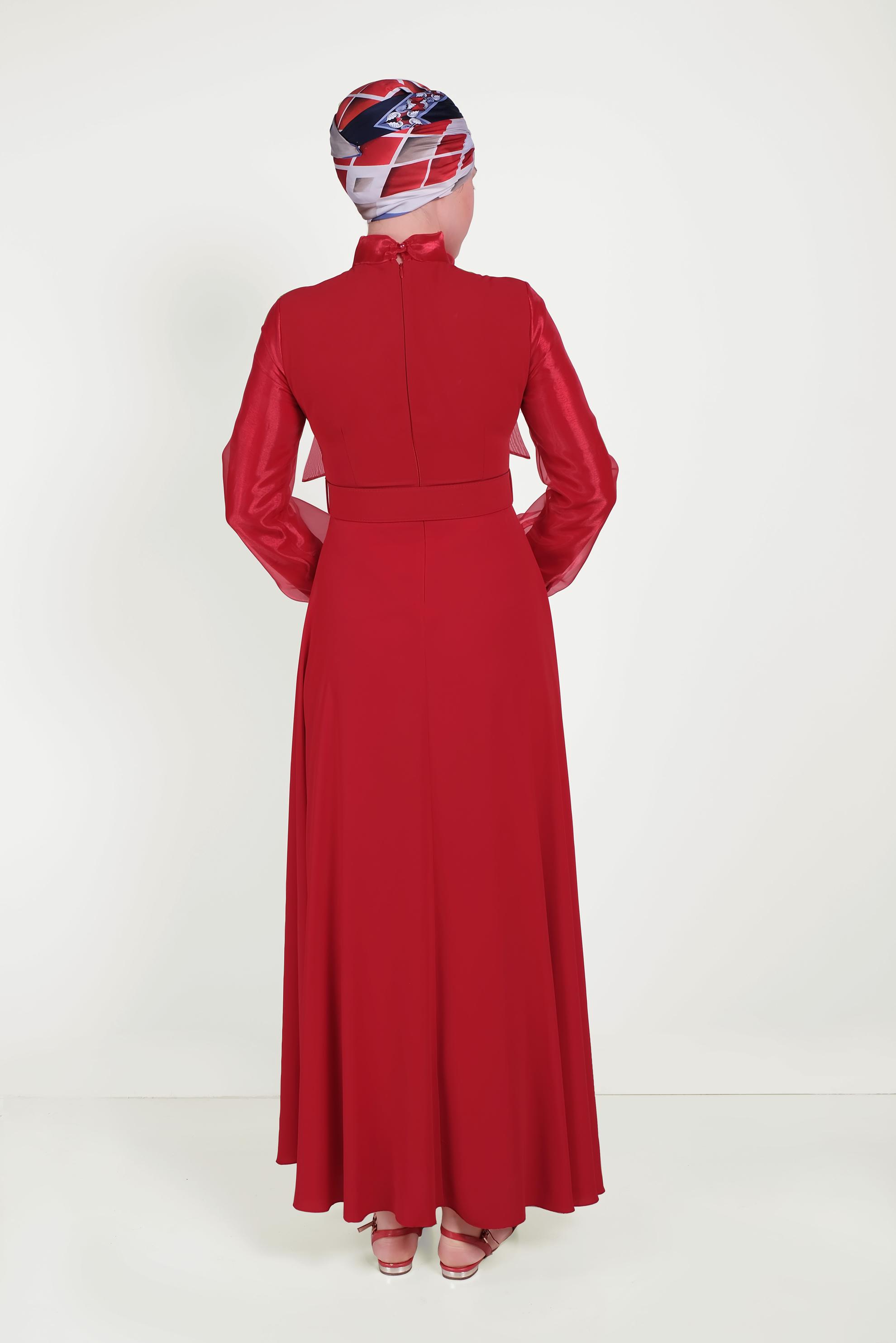 Tesettür giyim KIRMIZI BOYUNDAN BAĞLAMALI TÜL DETAYLI ELBİSE 40459