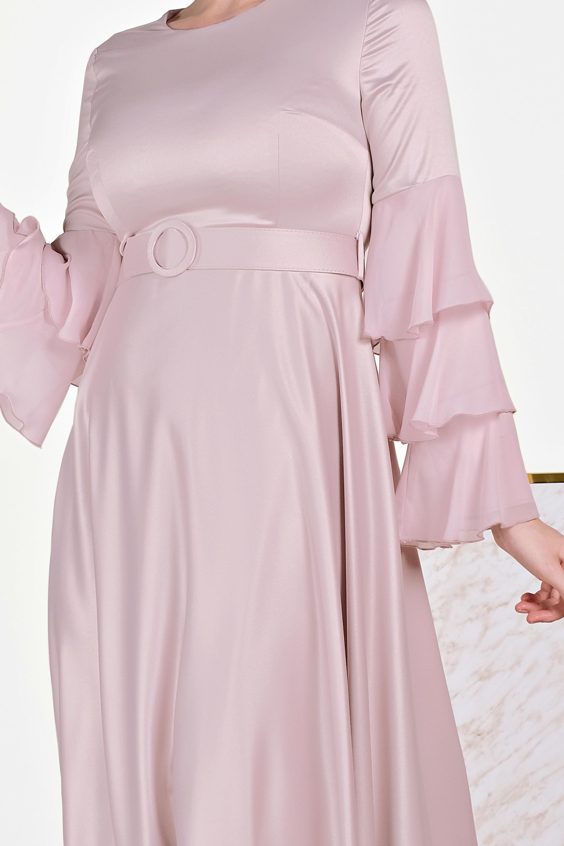 Tesettür giyim MOR KOLLARI VOLANLI ELBİSE 40460