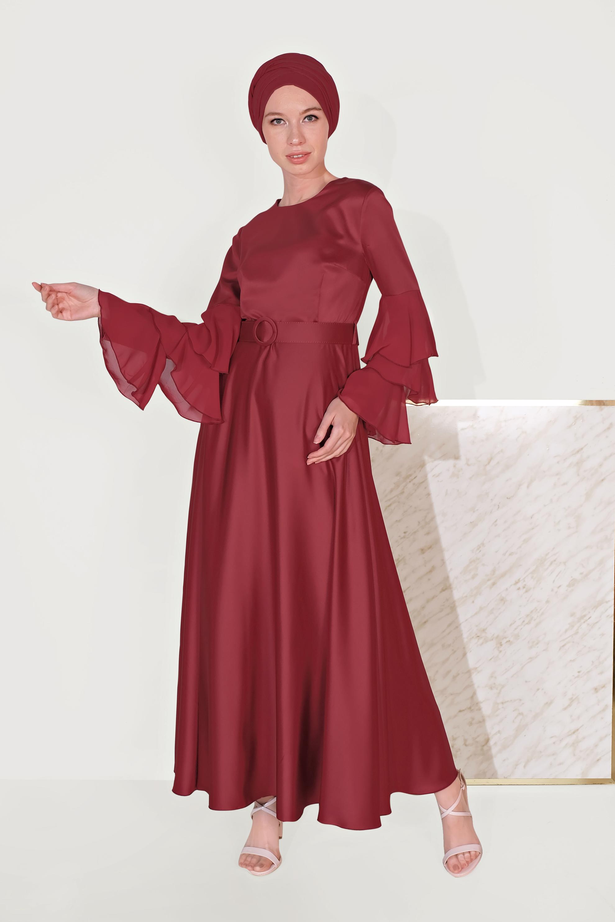 Tesettür giyim BORDO KOLLARI VOLANLI ELBİSE 40460