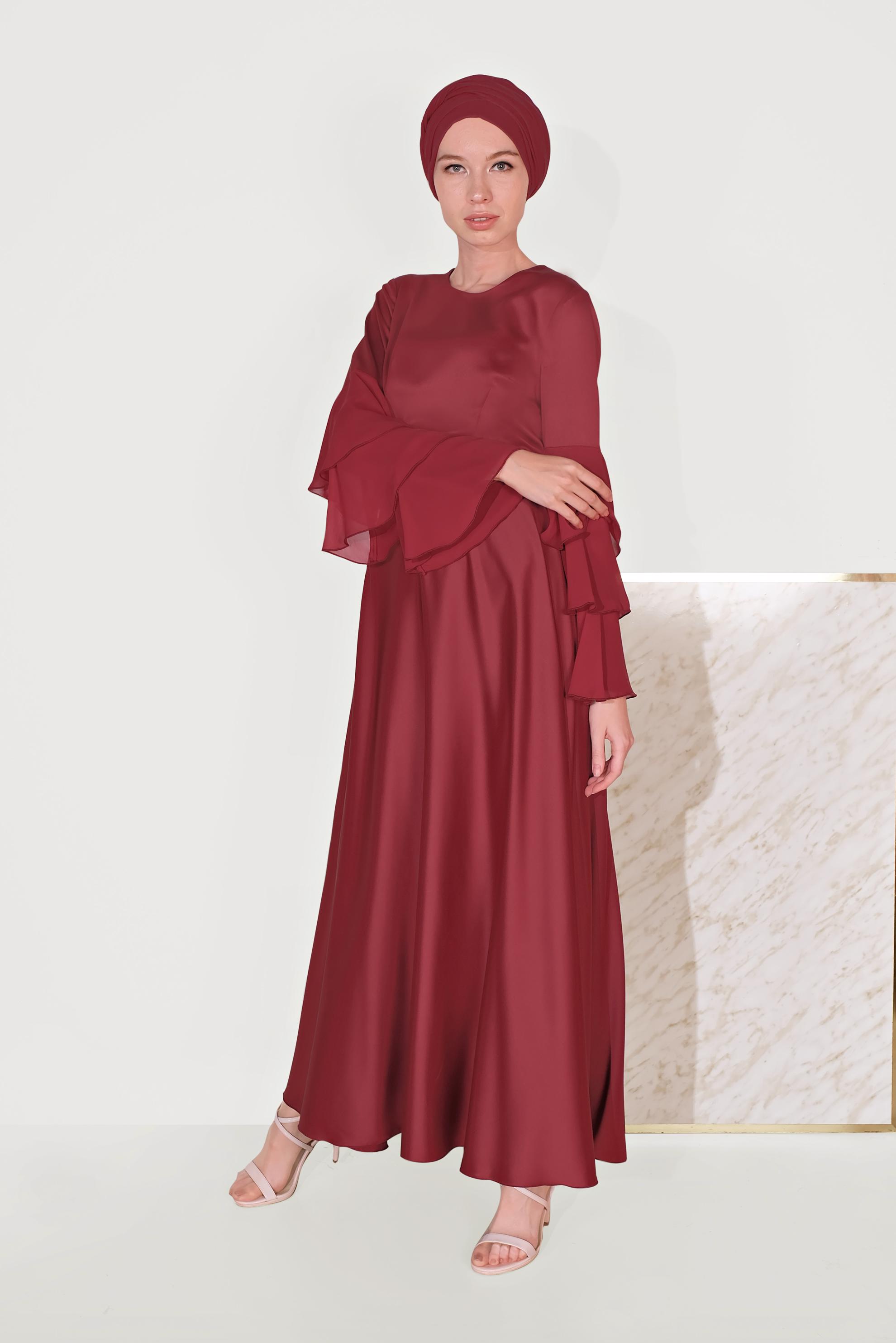 Tesettür giyim BORDO KOLLARI VOLANLI ELBİSE 40460