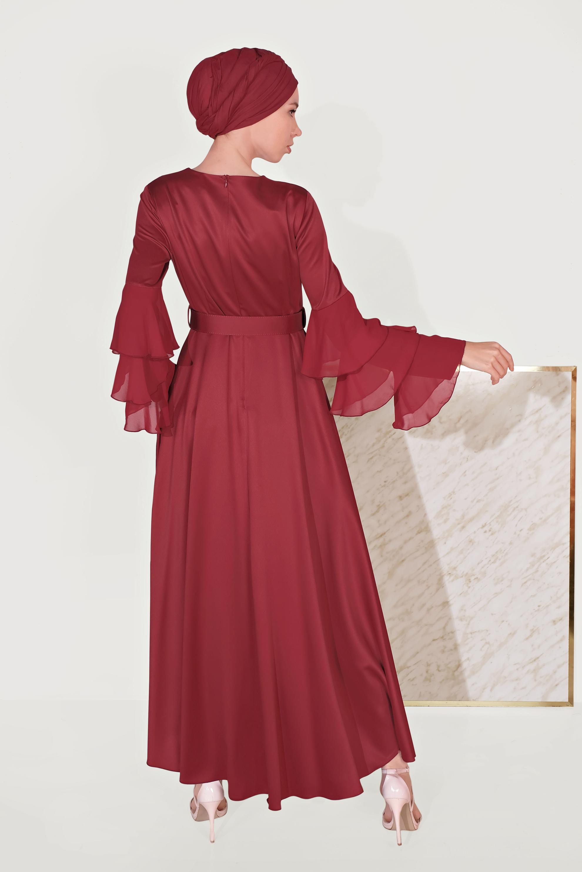 Tesettür giyim BORDO KOLLARI VOLANLI ELBİSE 40460