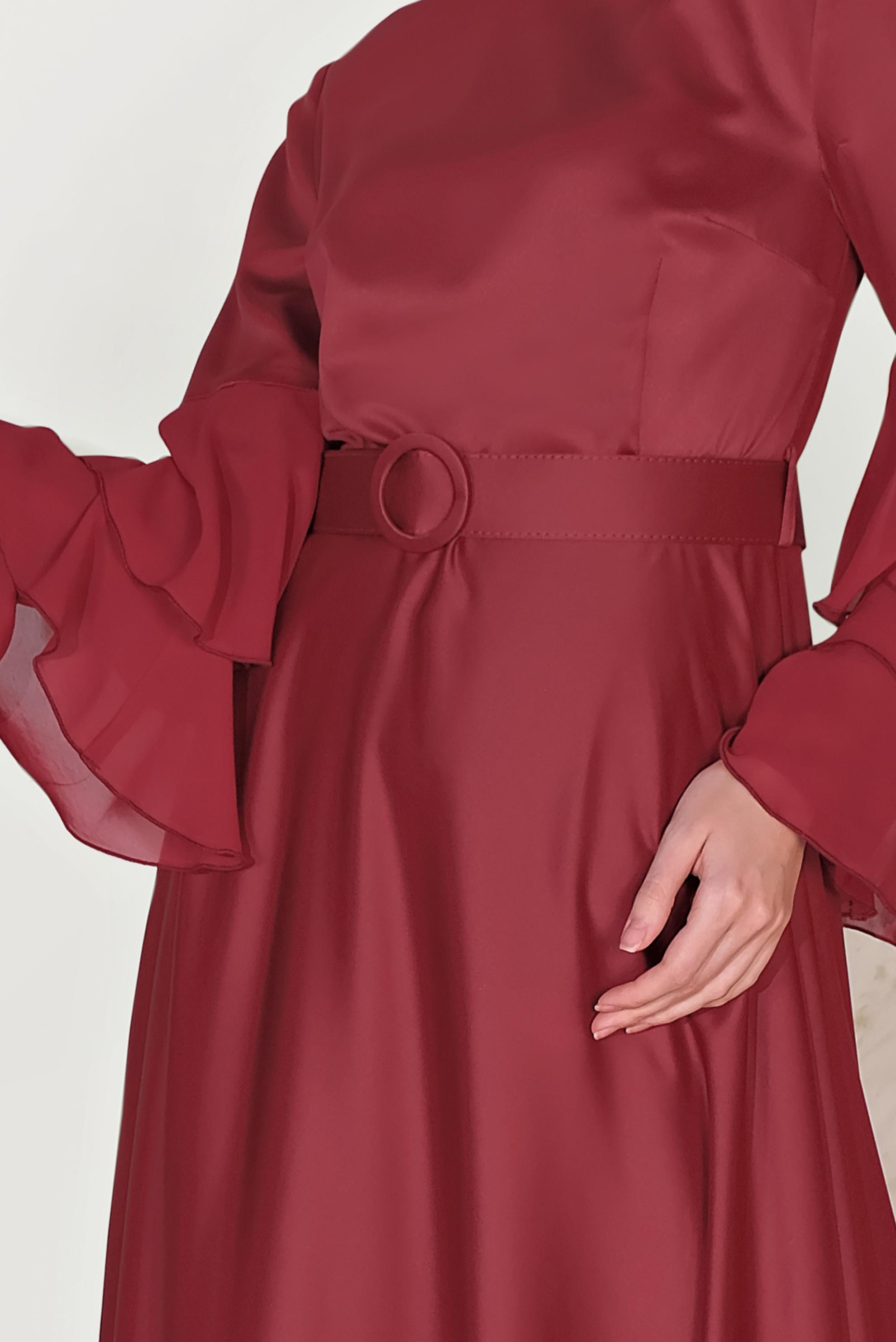 Tesettür giyim BORDO KOLLARI VOLANLI ELBİSE 40460