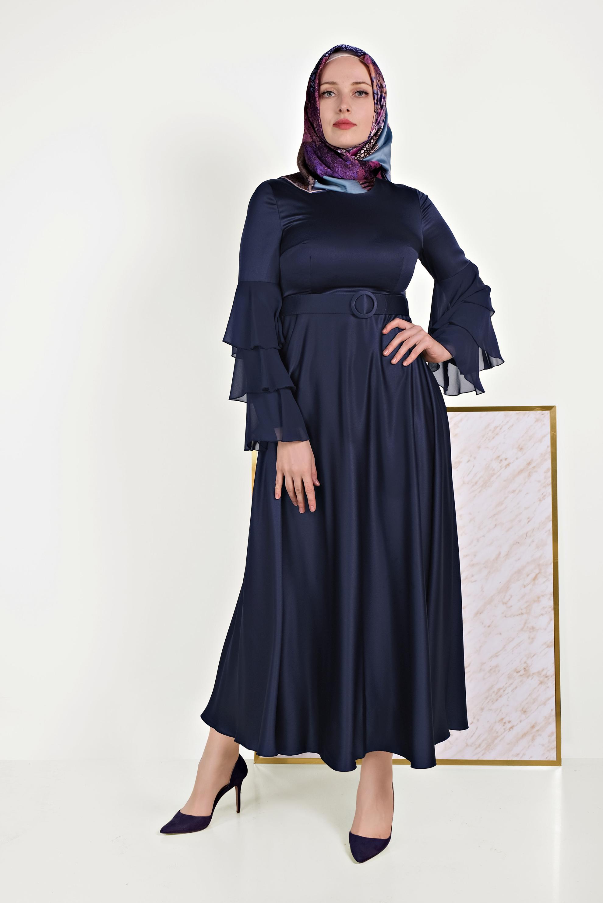Tesettür giyim LACİVERT KOLLARI VOLANLI ELBİSE 40460