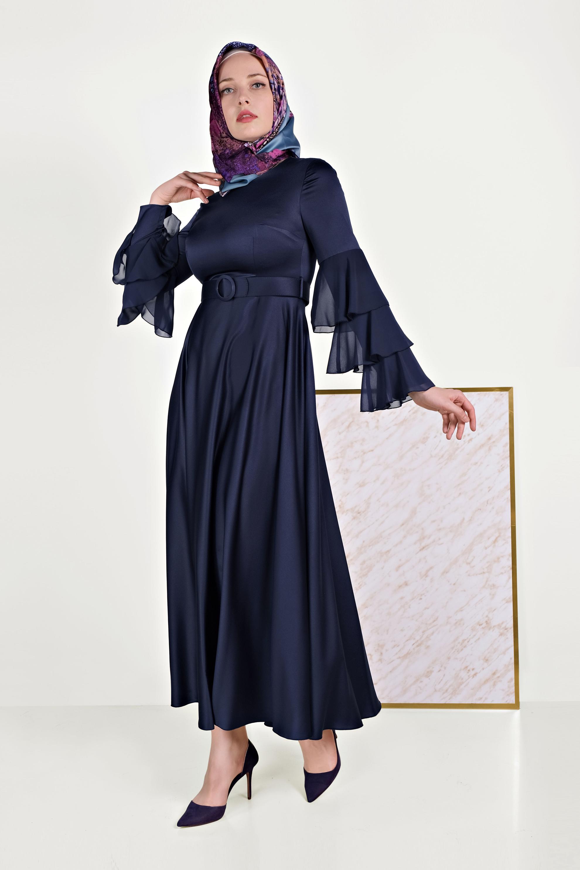 Tesettür giyim LACİVERT KOLLARI VOLANLI ELBİSE 40460