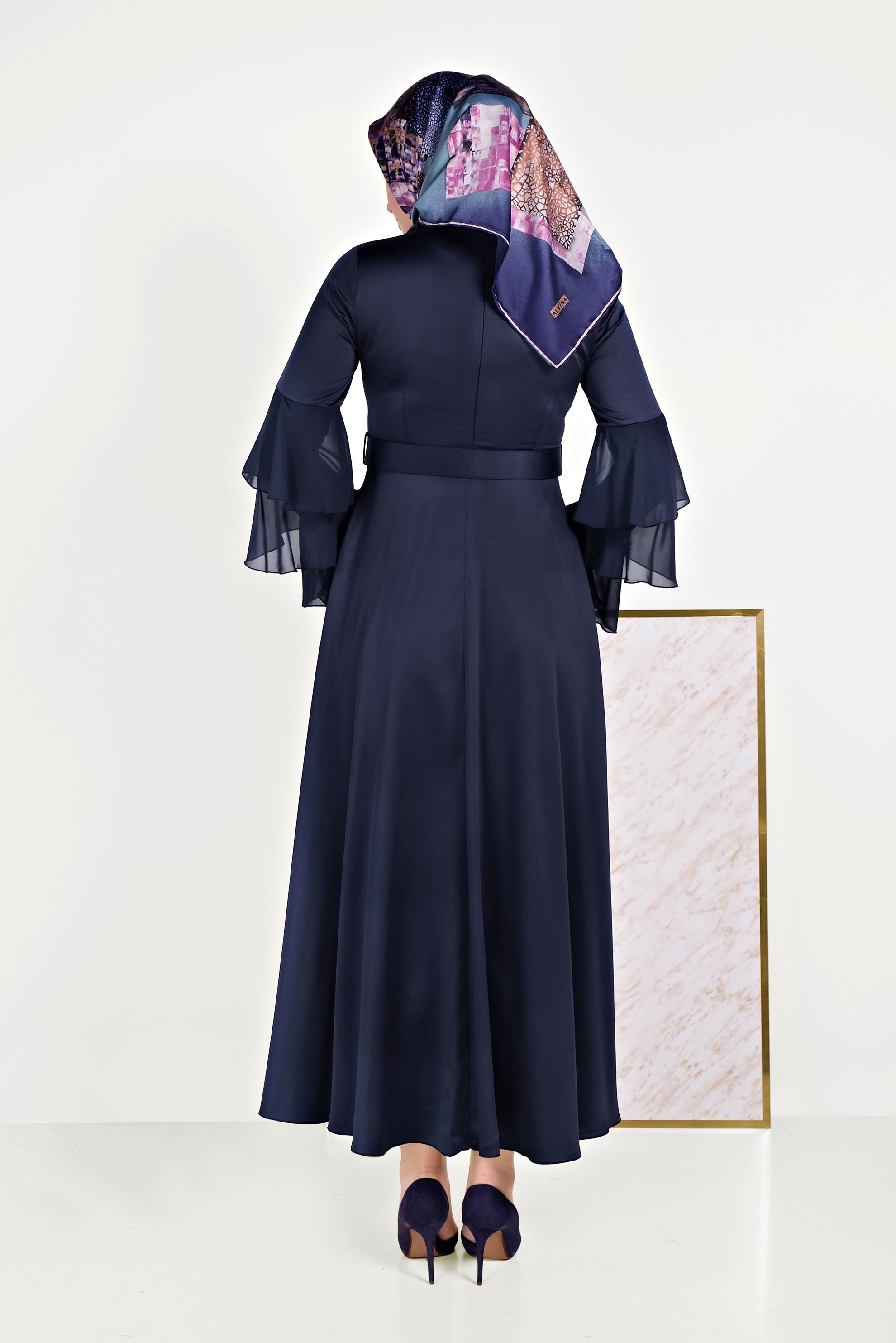 Tesettür giyim LACİVERT KOLLARI VOLANLI ELBİSE 40460