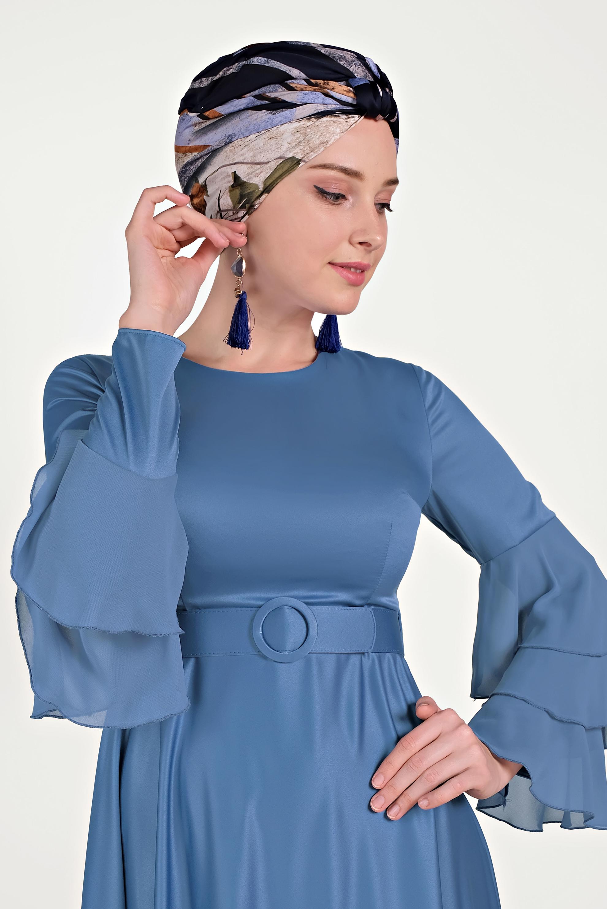 Tesettür giyim MAVİ KOLLARI VOLANLI ELBİSE 40460