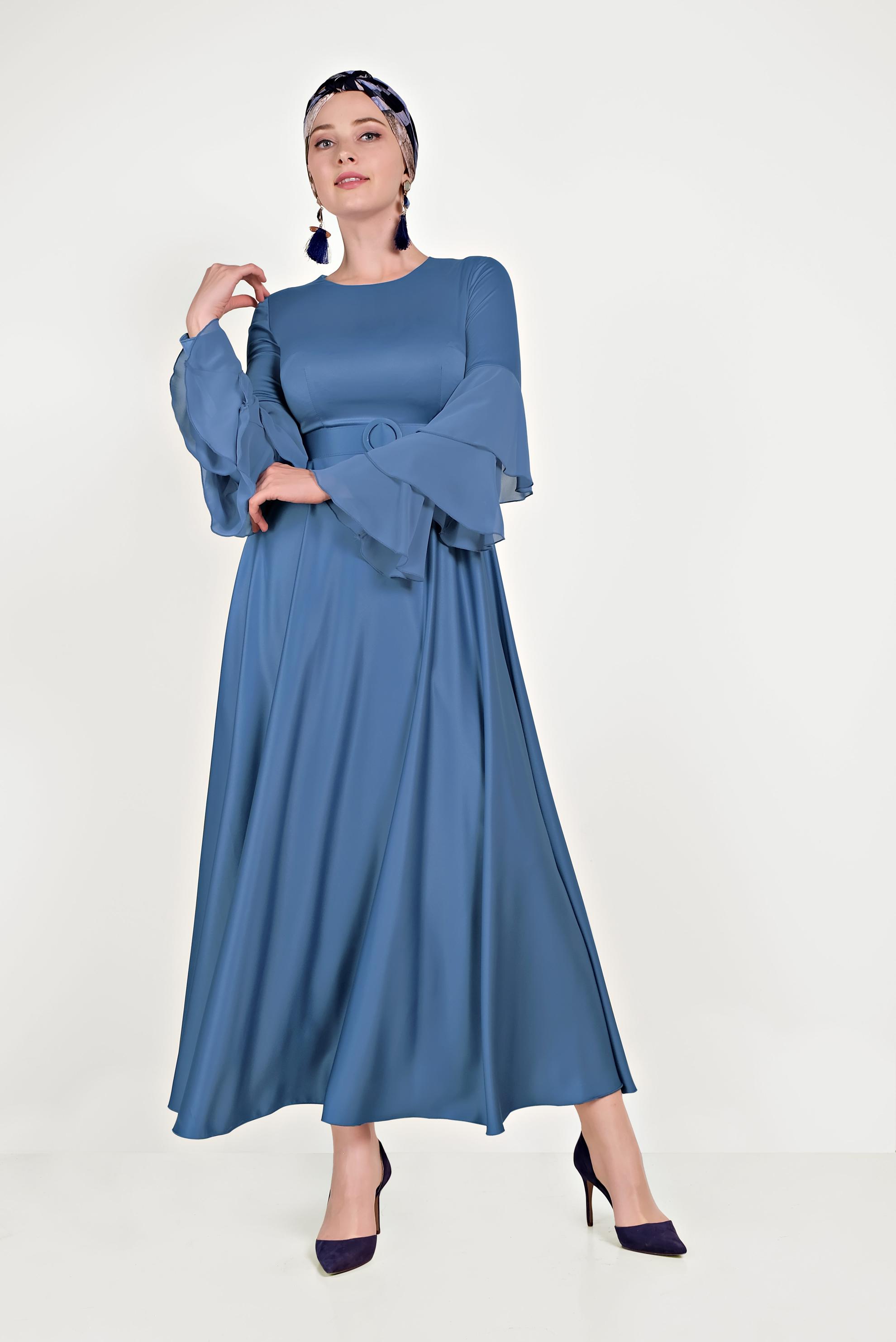 Tesettür giyim MAVİ KOLLARI VOLANLI ELBİSE 40460