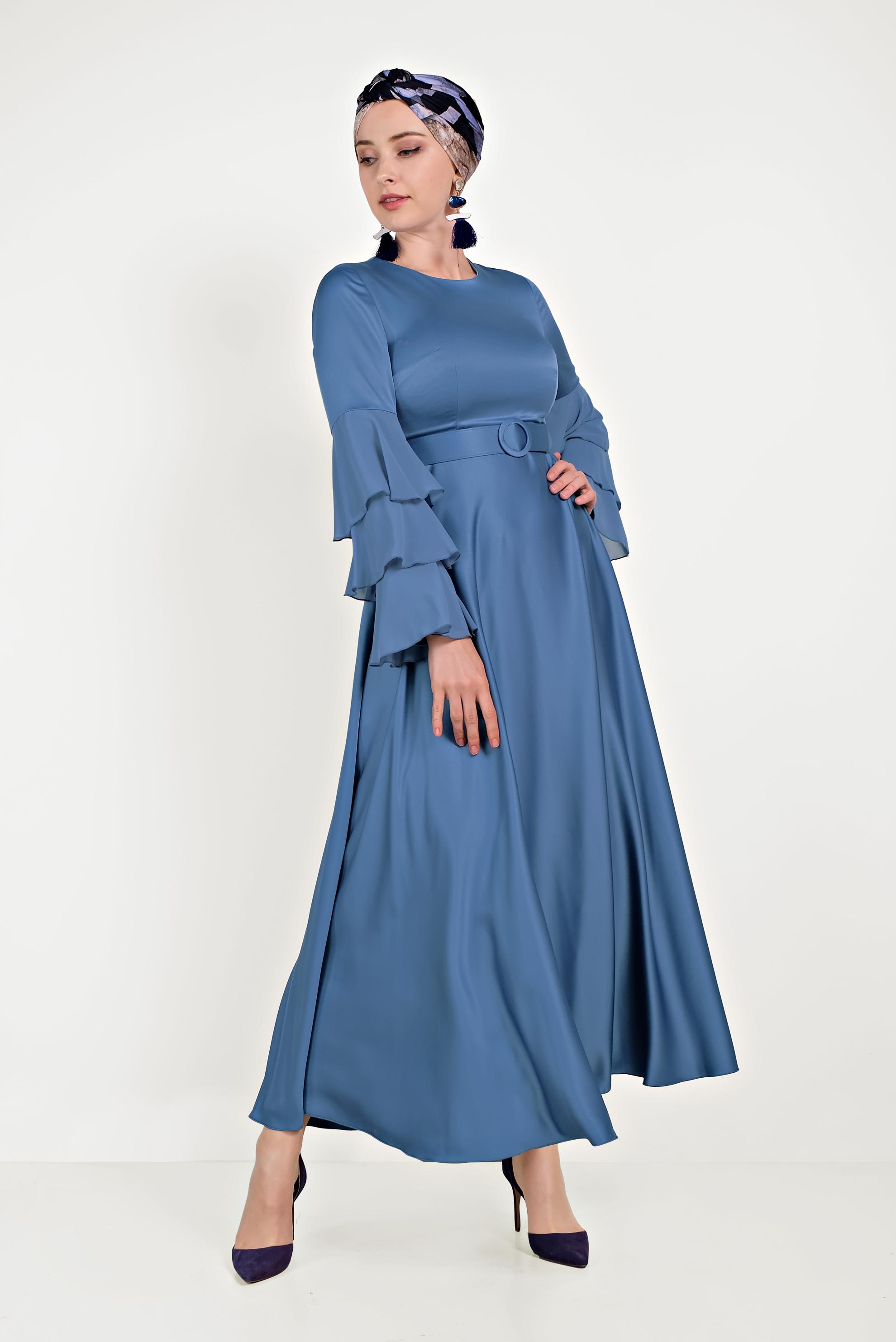Tesettür giyim MAVİ KOLLARI VOLANLI ELBİSE 40460