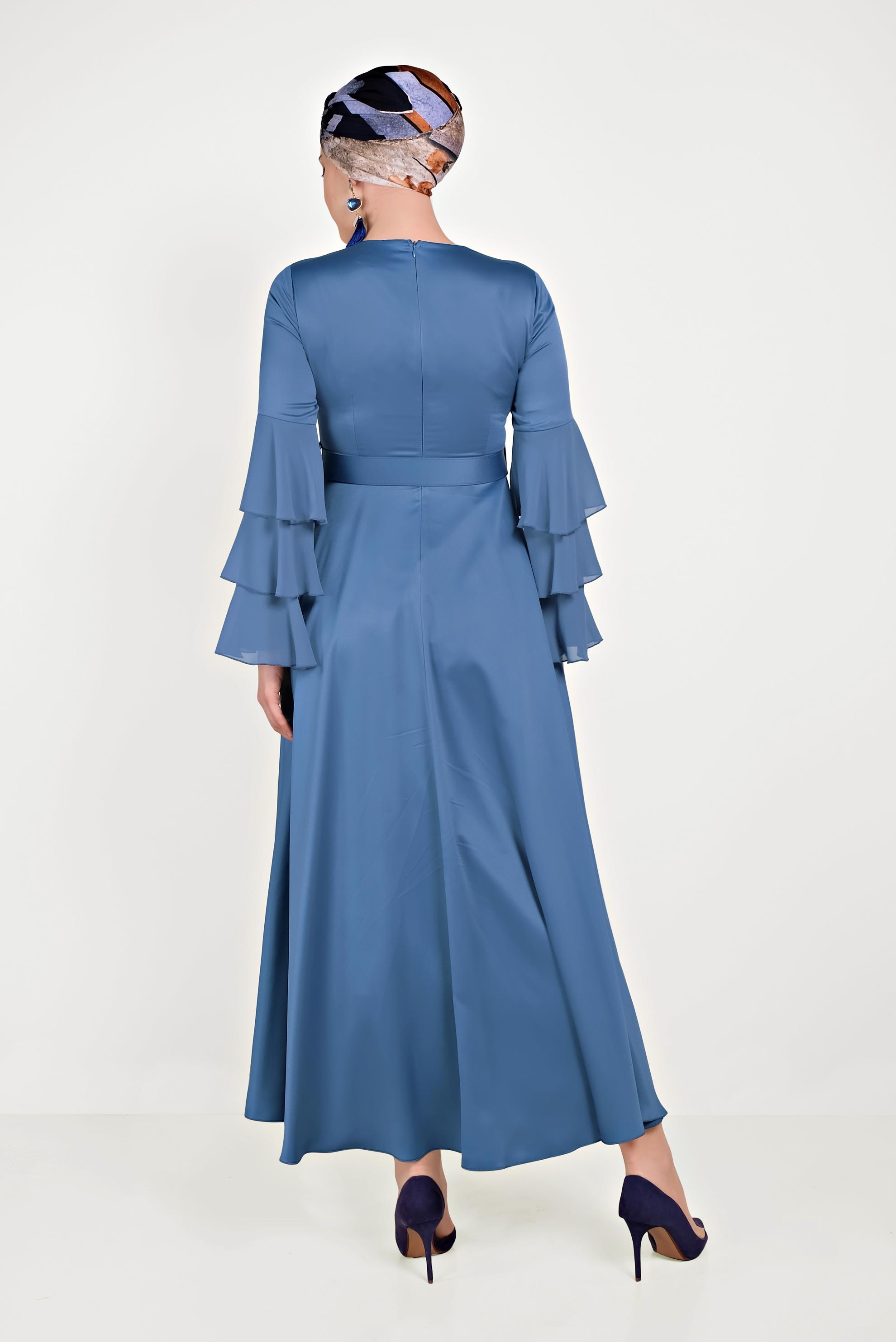 Tesettür giyim MAVİ KOLLARI VOLANLI ELBİSE 40460