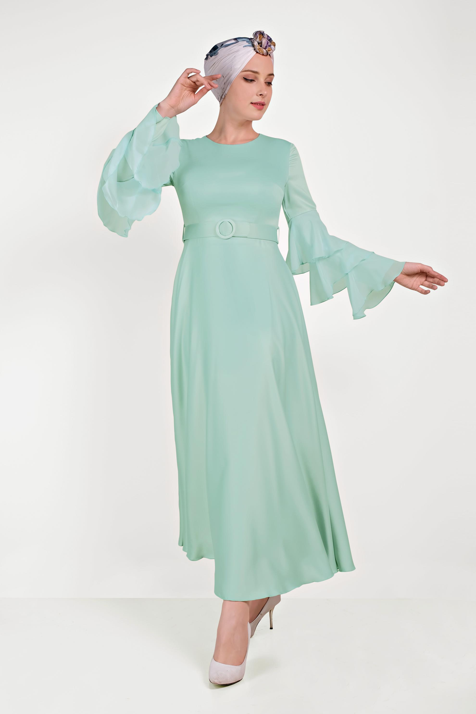 Tesettür giyim YEŞİL KOLLARI VOLANLI ELBİSE 40460