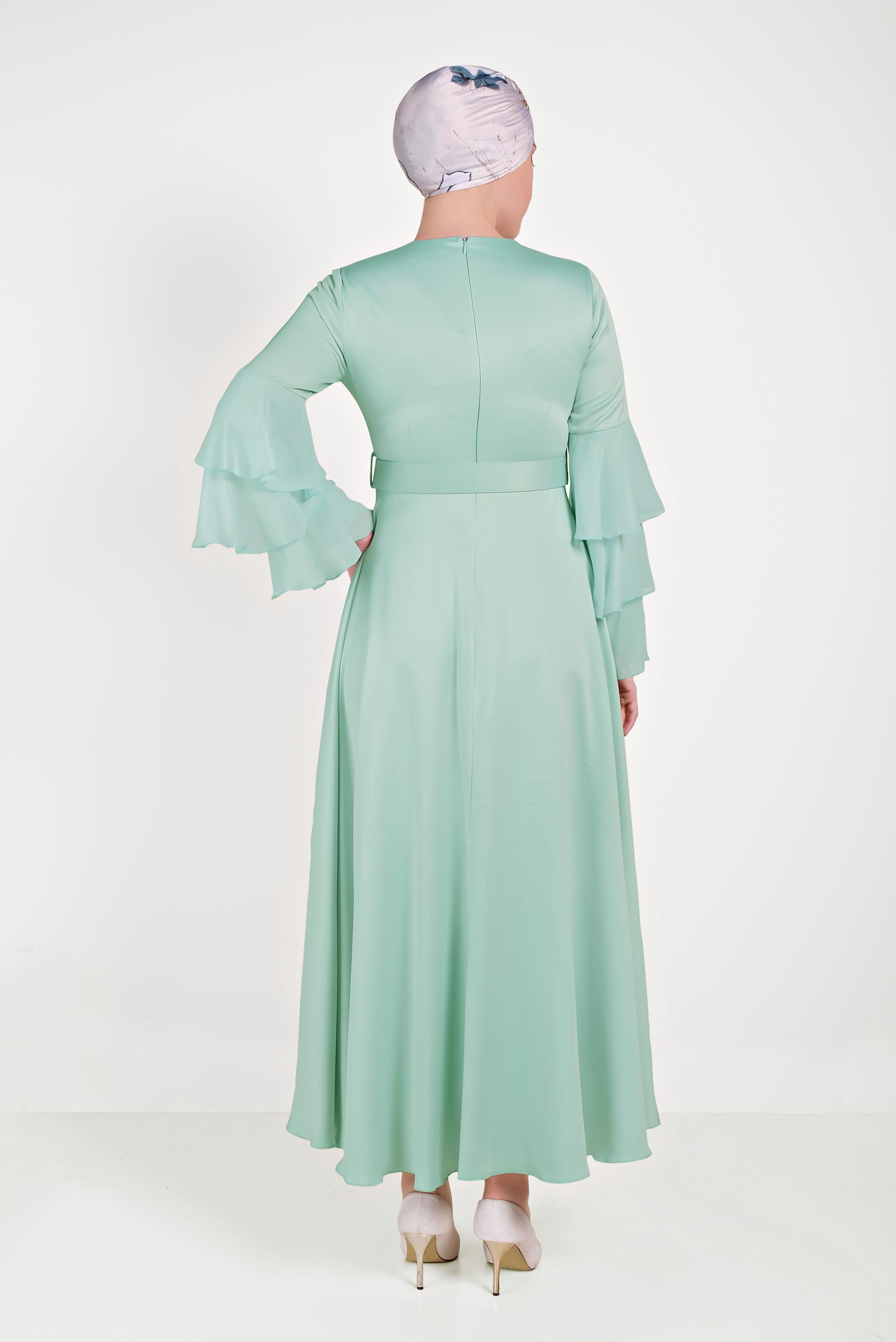 Tesettür giyim YEŞİL KOLLARI VOLANLI ELBİSE 40460