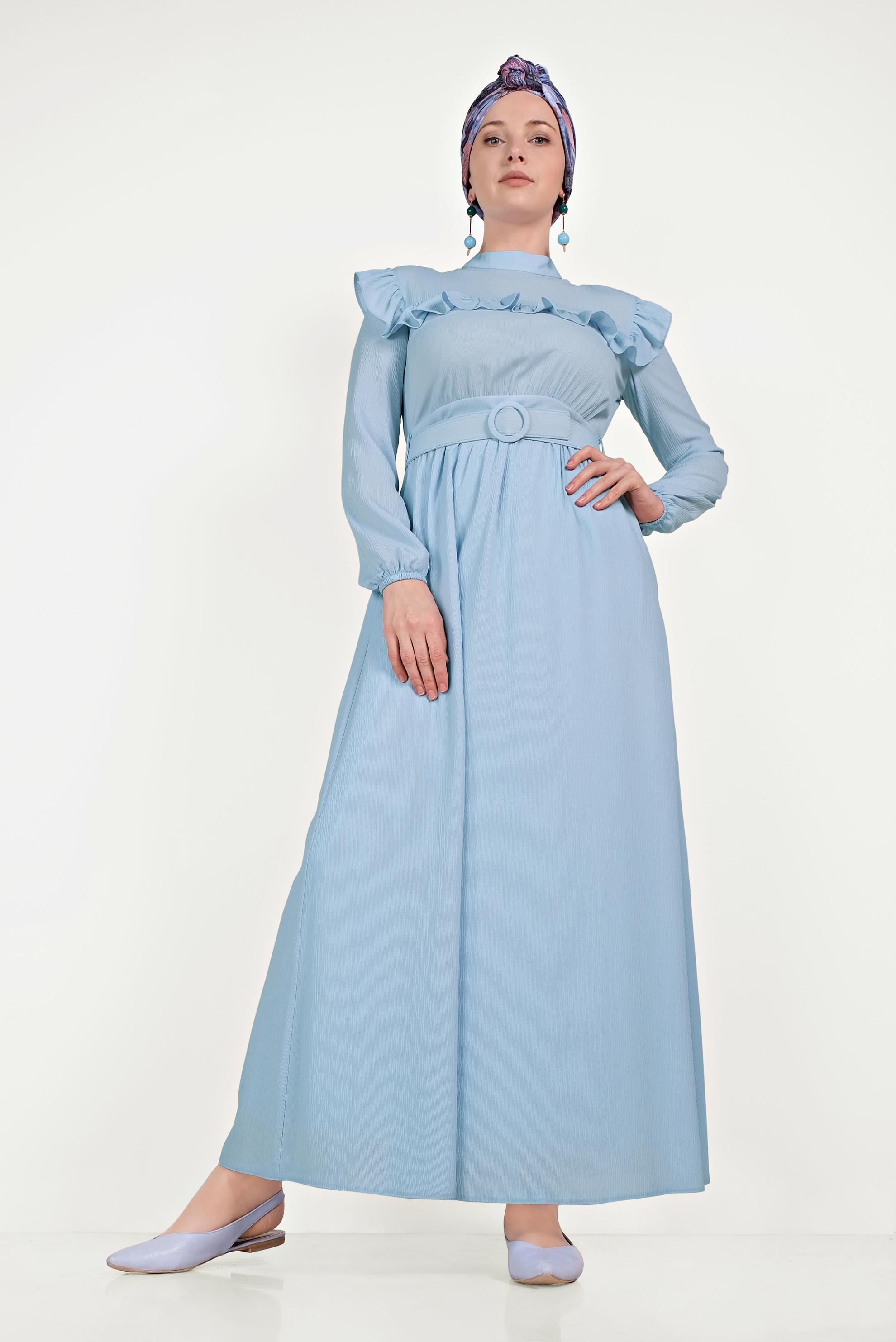 Tesettür giyim MAVİ FIRFIRLI ELBİSE 40462