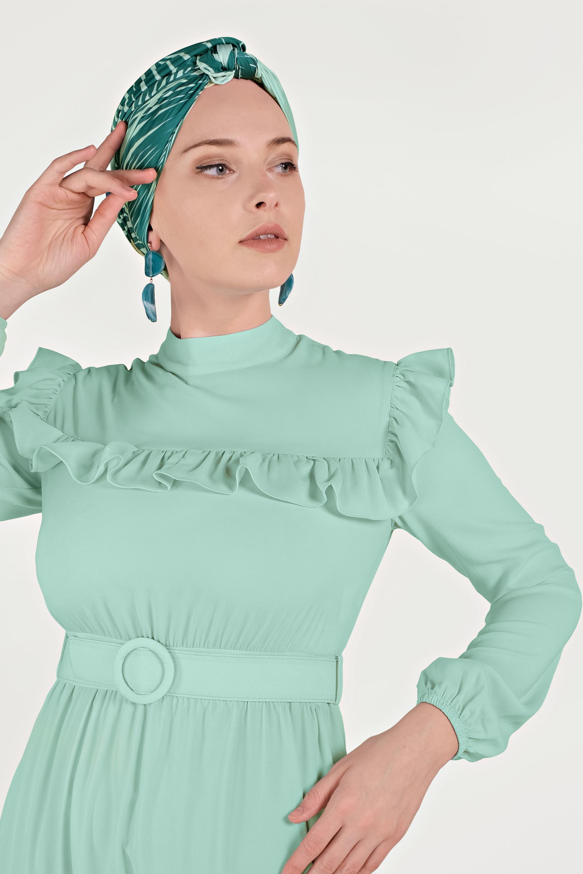 Tesettür giyim YEŞİL FIRFIRLI ELBİSE 40462