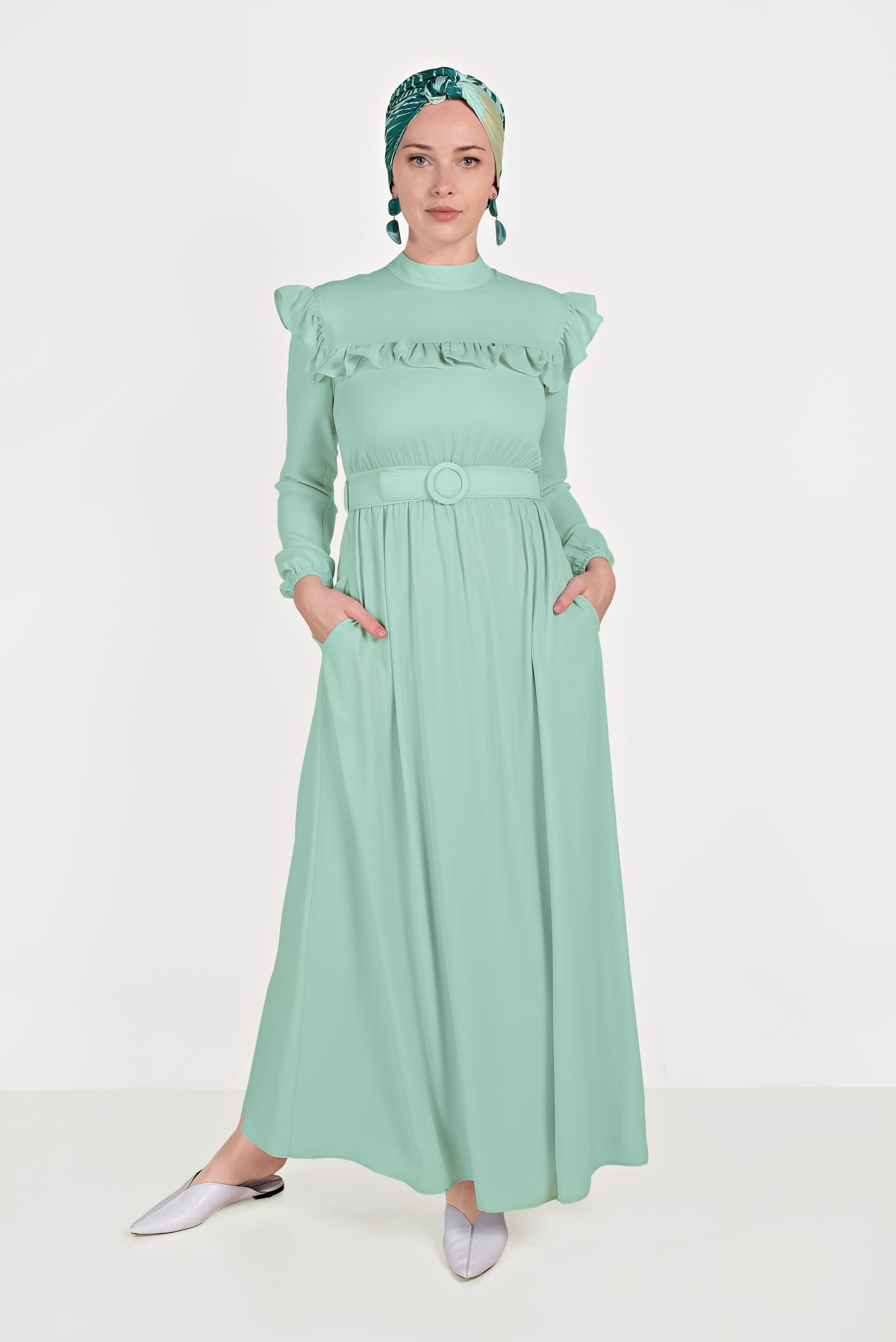 Tesettür giyim YEŞİL FIRFIRLI ELBİSE 40462