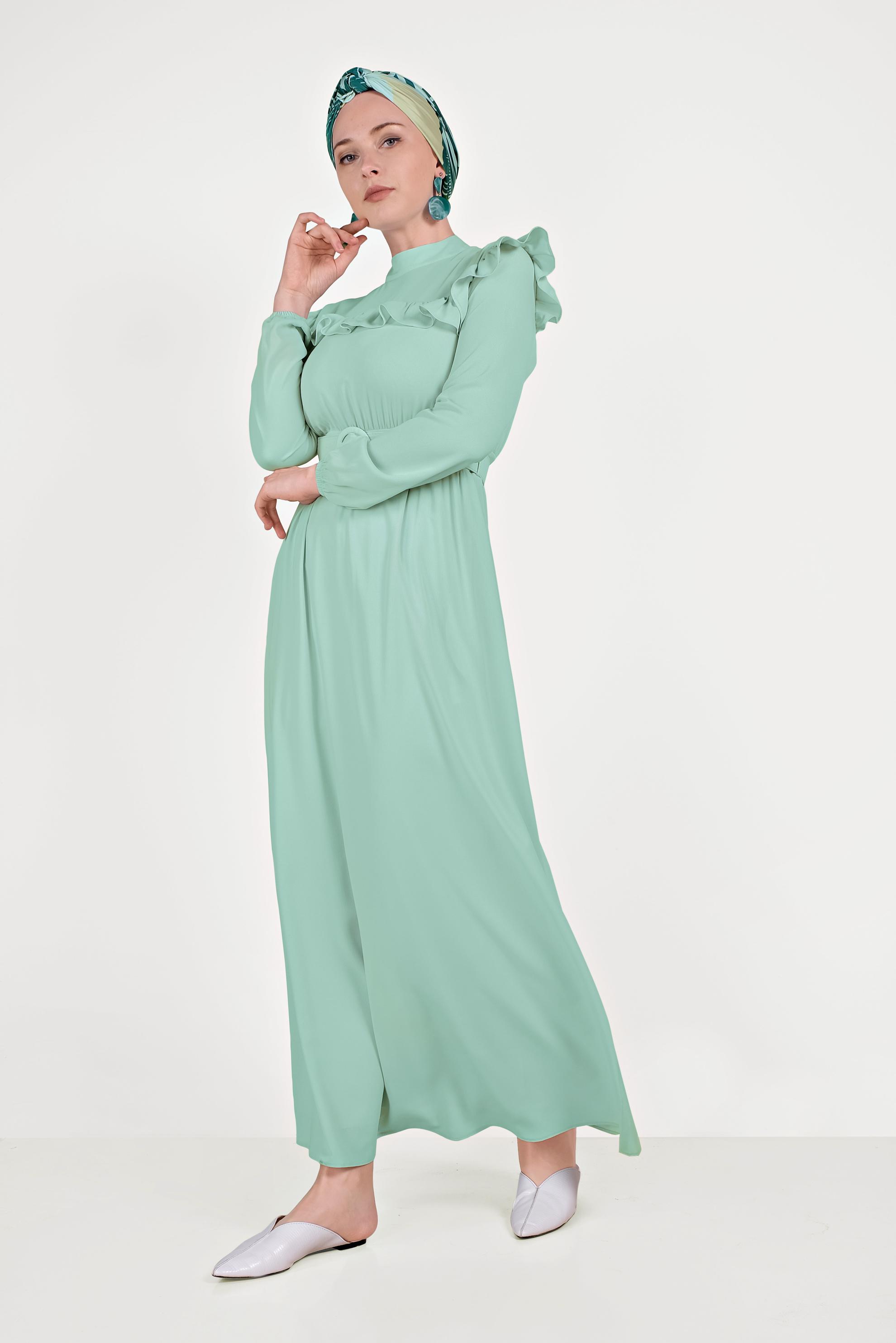 Tesettür giyim YEŞİL FIRFIRLI ELBİSE 40462