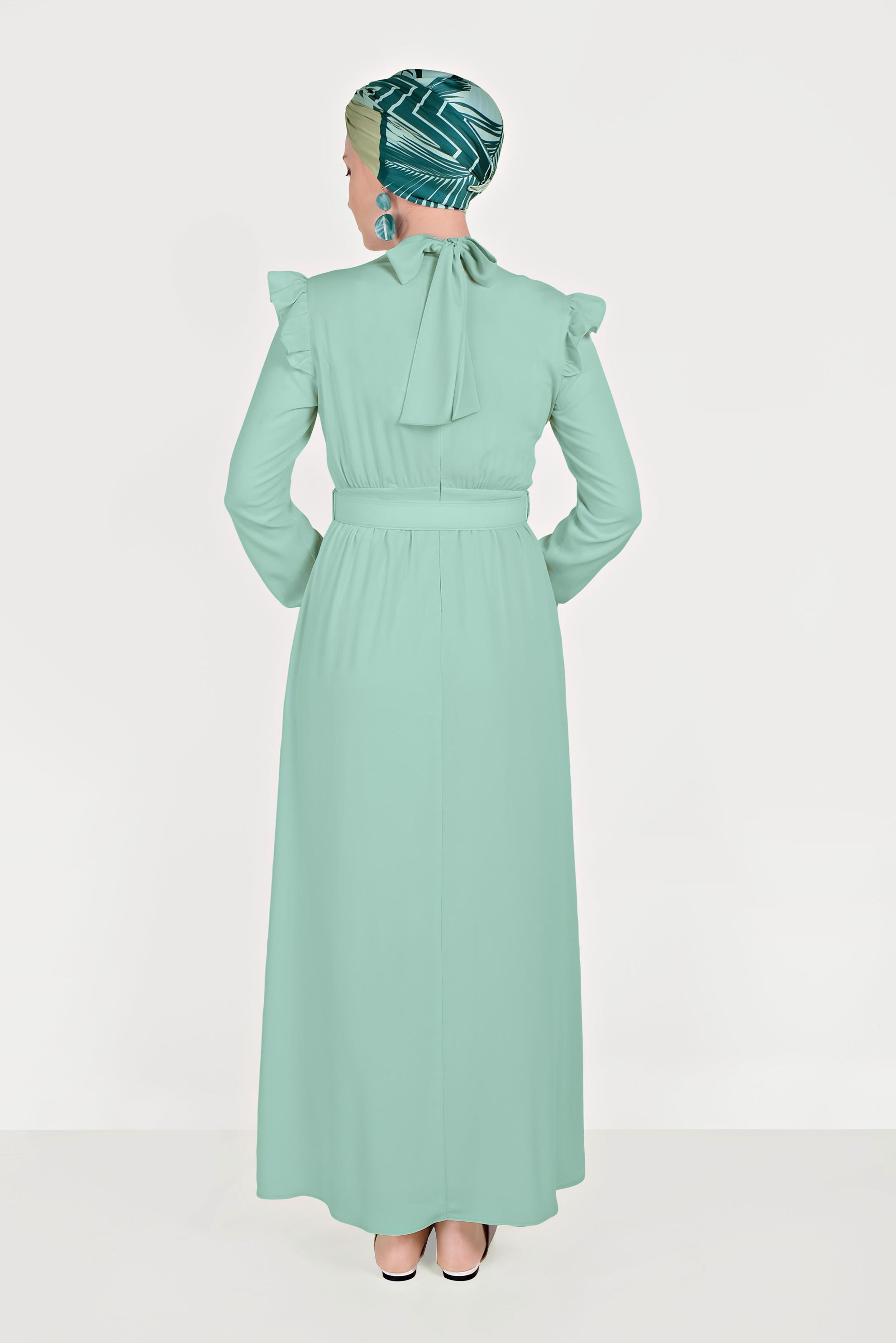 Tesettür giyim YEŞİL FIRFIRLI ELBİSE 40462