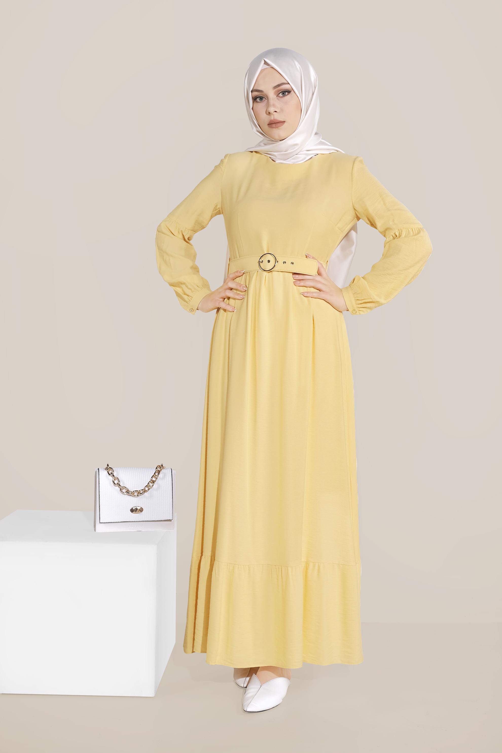 Tesettür giyim SARI ETEĞİ VOLANLI KEMERLİ ELBİSE 40463 