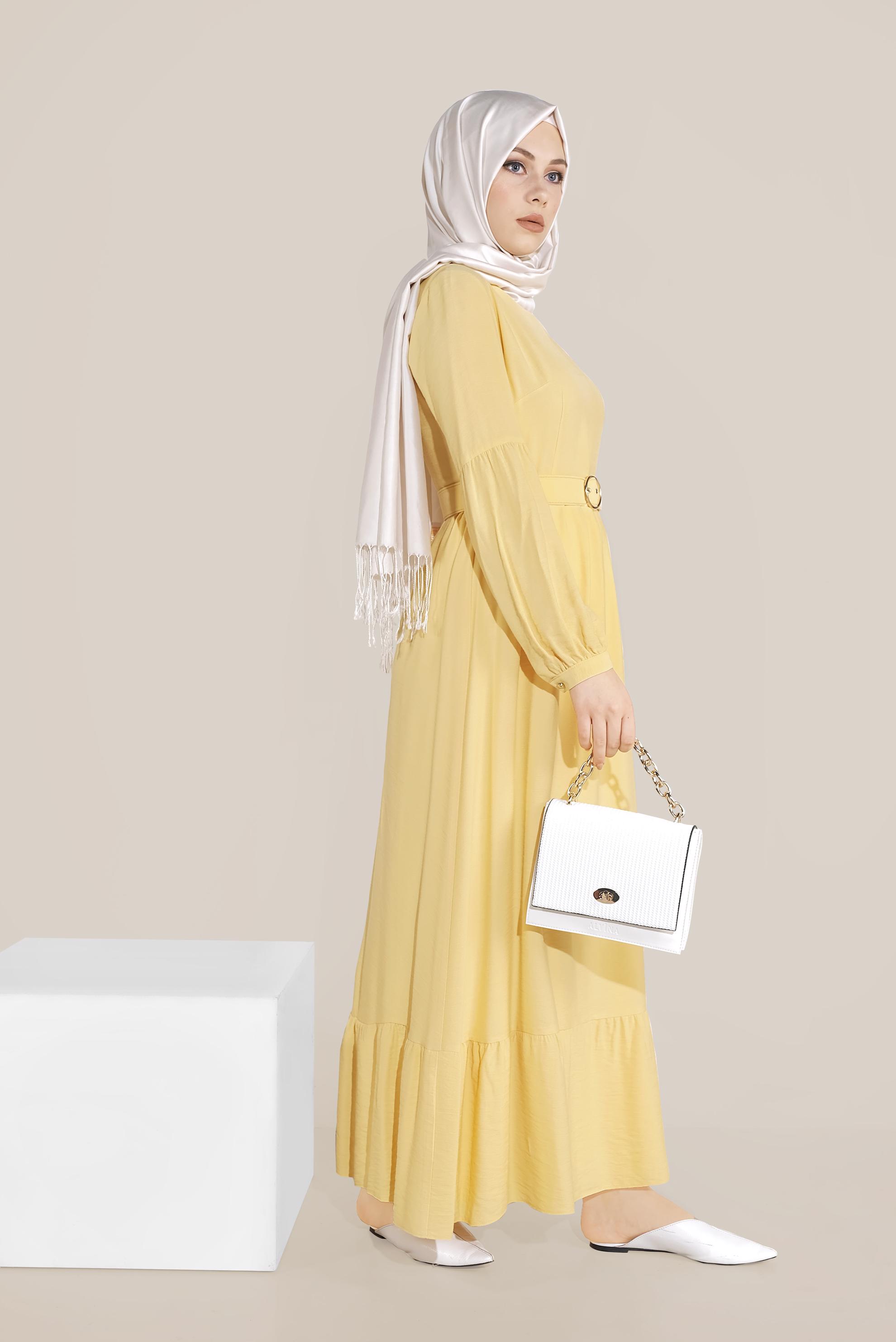 Tesettür giyim SARI ETEĞİ VOLANLI KEMERLİ ELBİSE 40463 