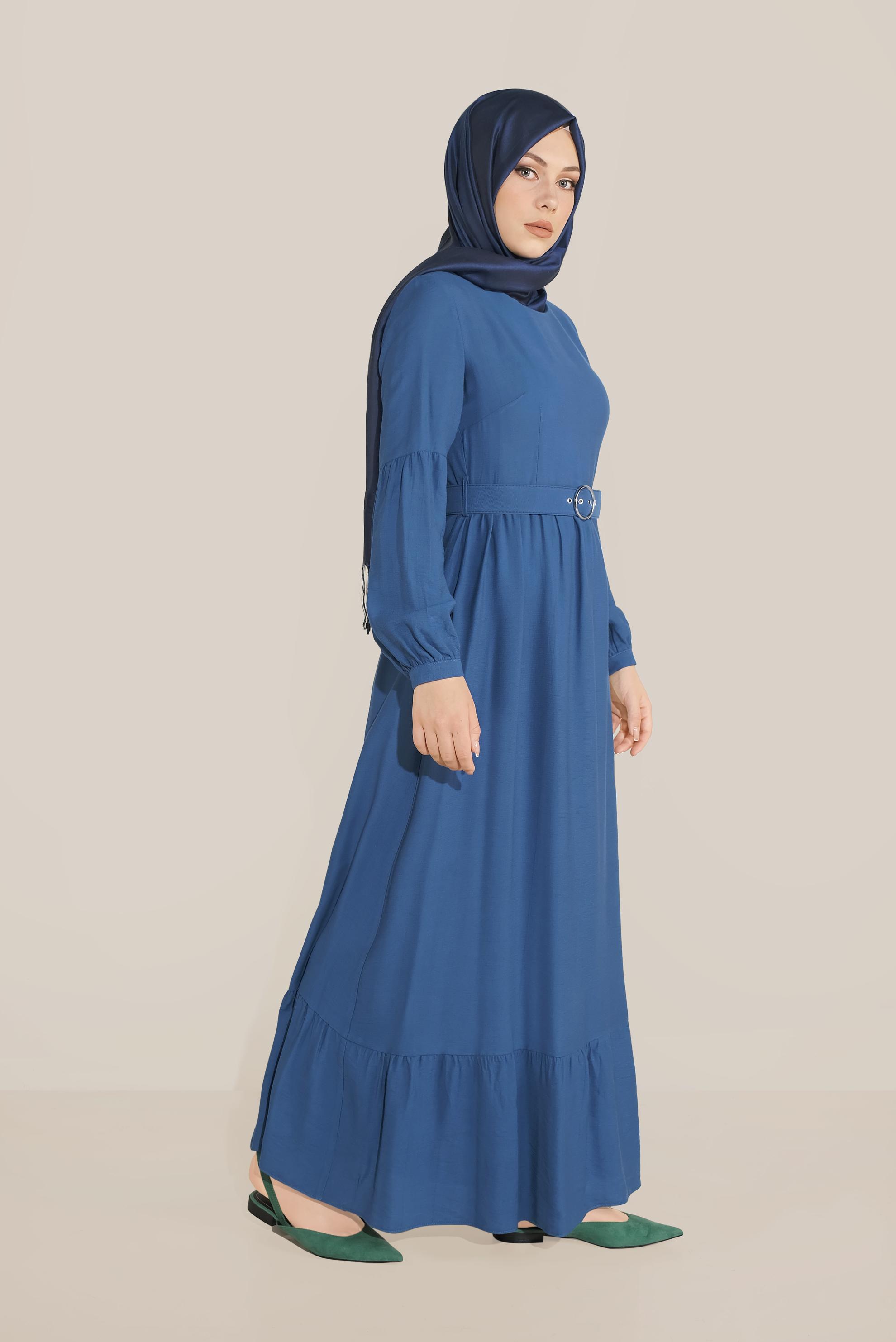 Tesettür giyim LACİVERT ETEĞİ VOLANLI KEMERLİ ELBİSE 40463 