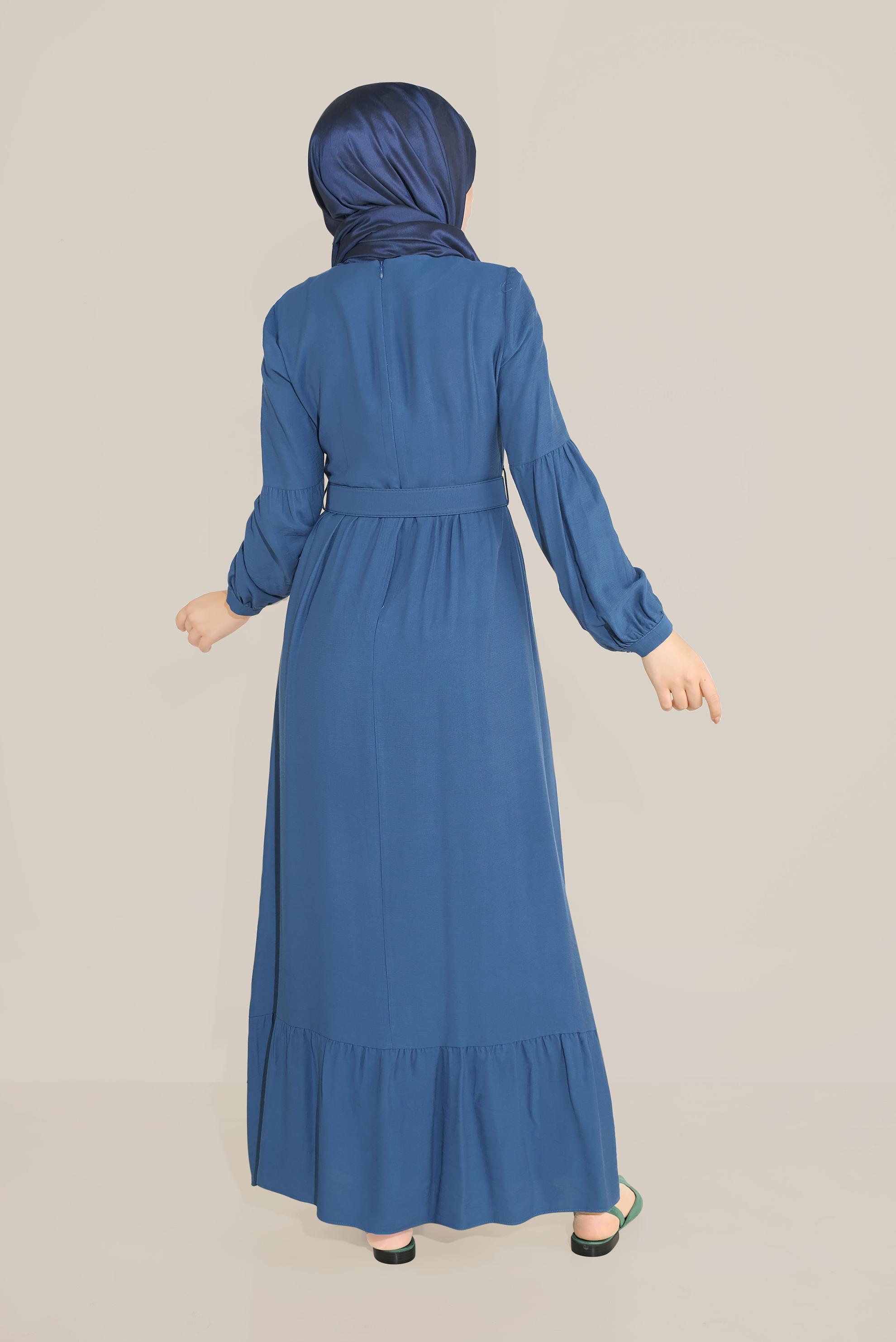 Tesettür giyim LACİVERT ETEĞİ VOLANLI KEMERLİ ELBİSE 40463 