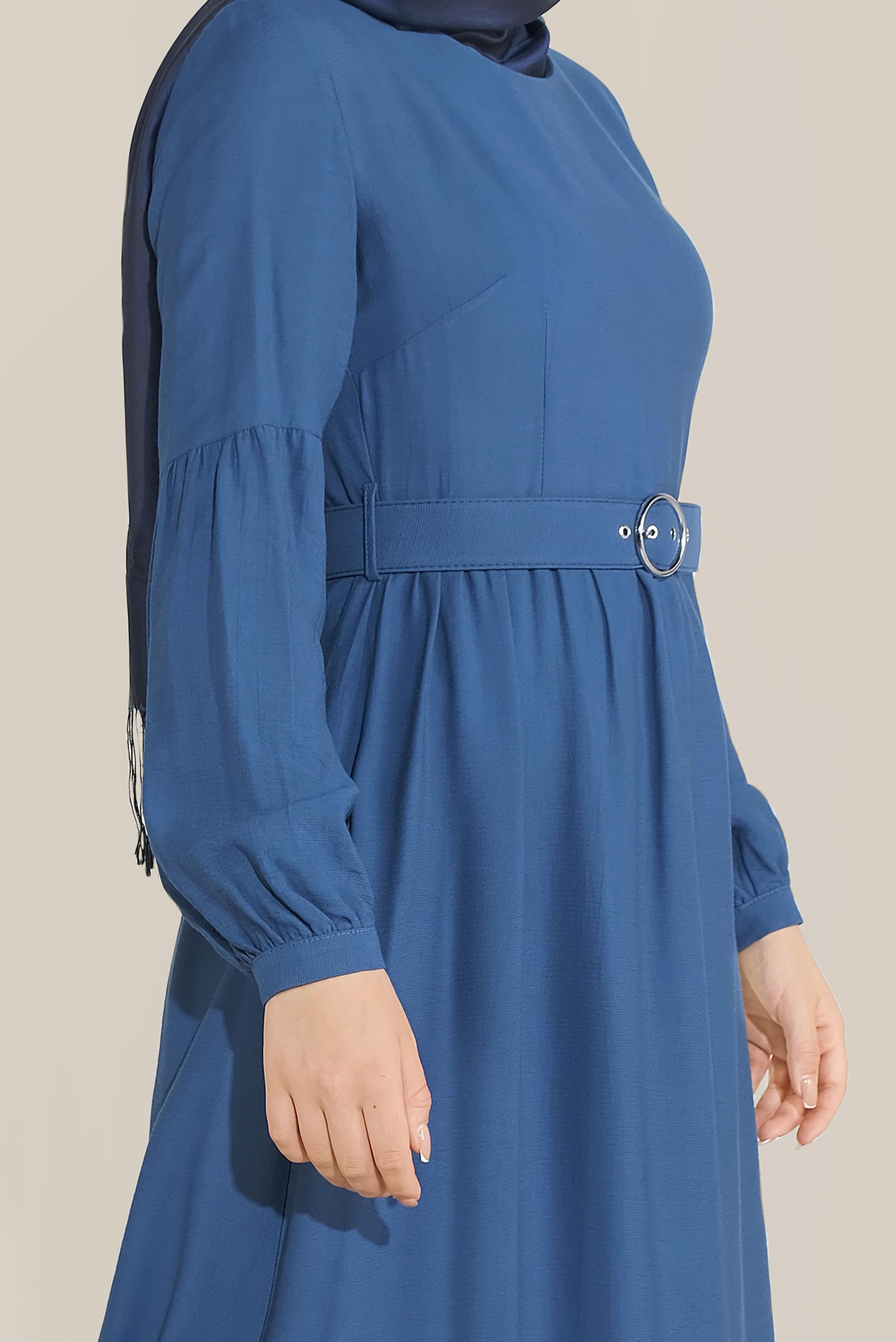 Tesettür giyim LACİVERT ETEĞİ VOLANLI KEMERLİ ELBİSE 40463 