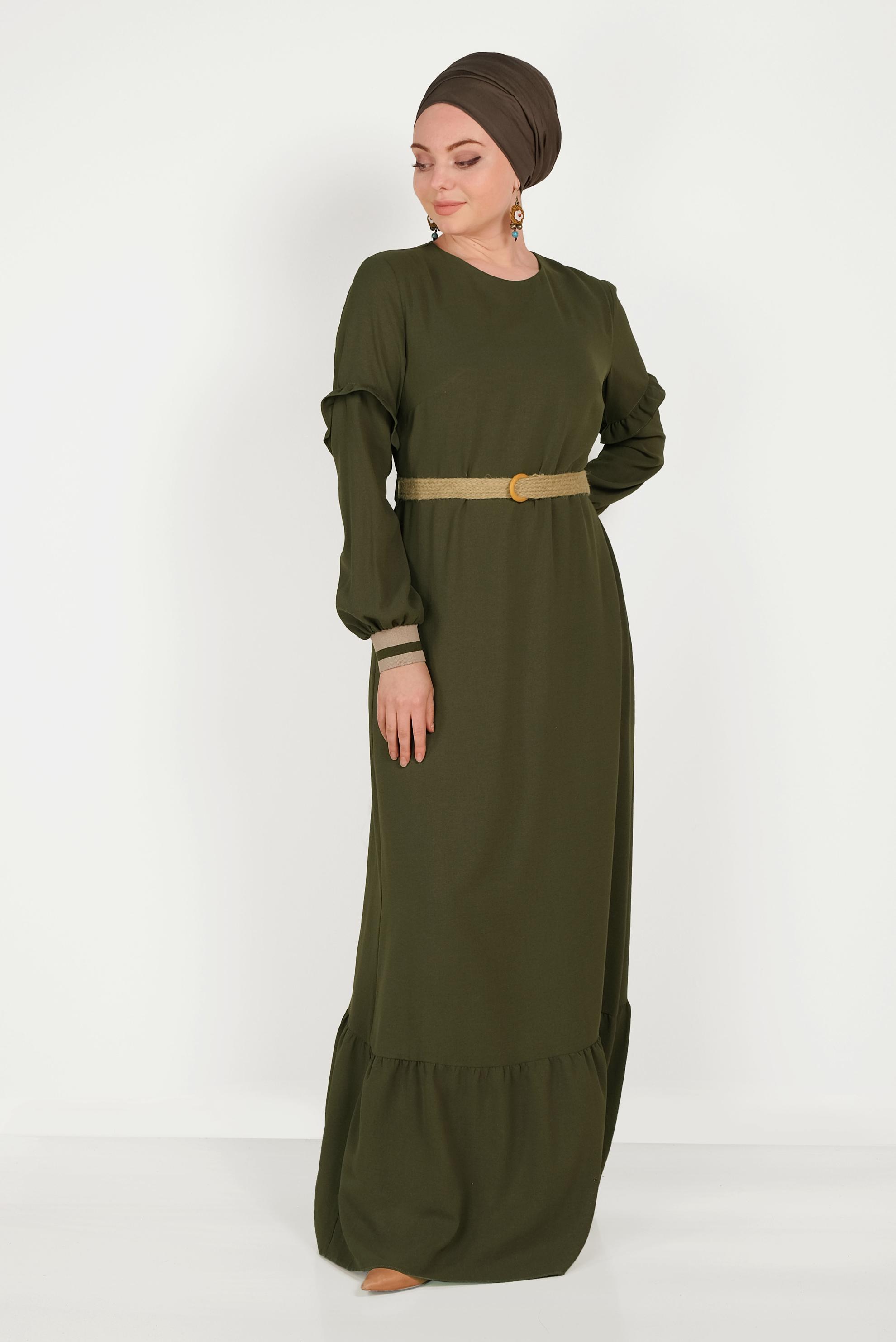 Tesettür giyim HAKİ MANŞETLERİ LASTİKLİ FIRFIRLI ELBİSE 40464