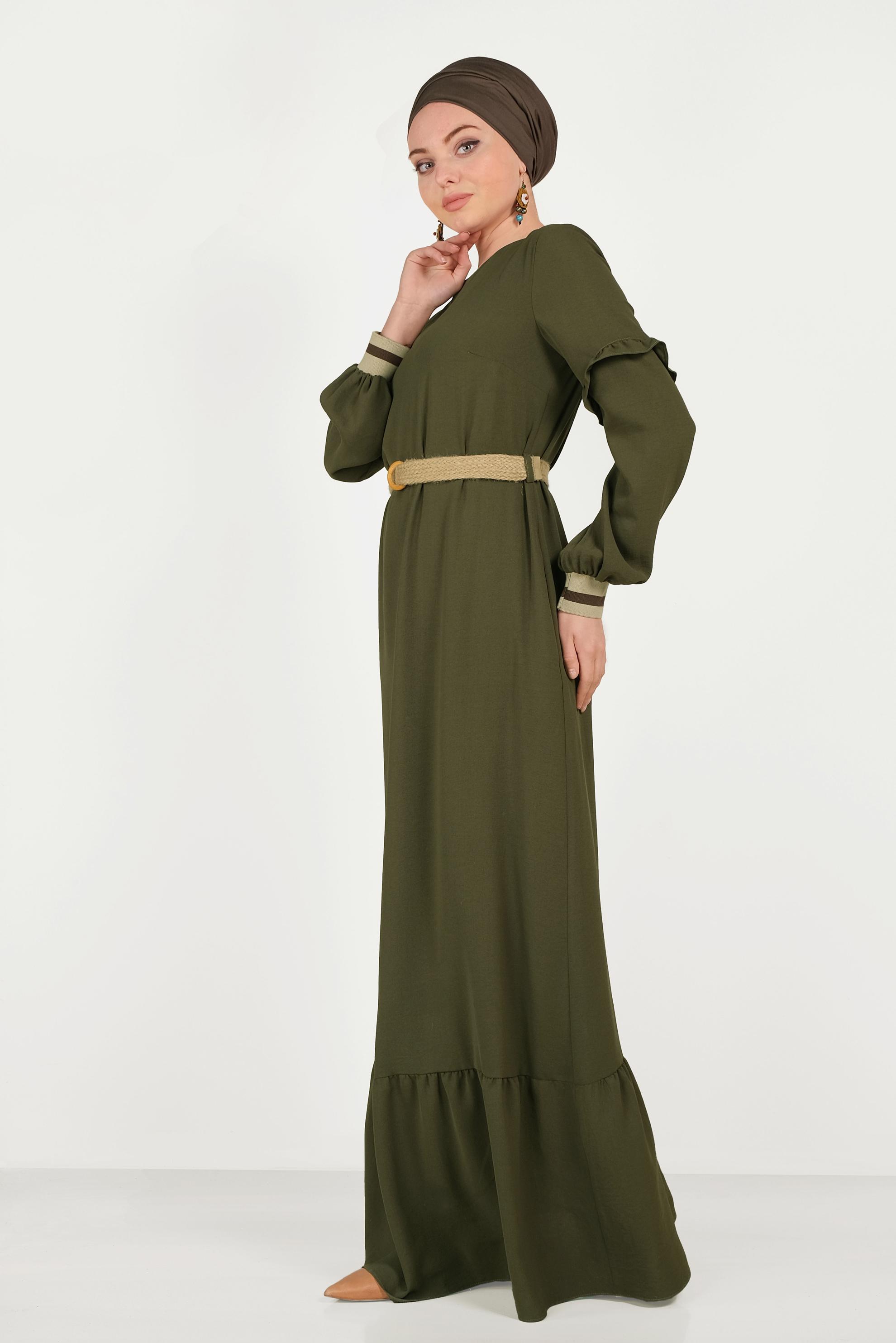 Tesettür giyim HAKİ MANŞETLERİ LASTİKLİ FIRFIRLI ELBİSE 40464