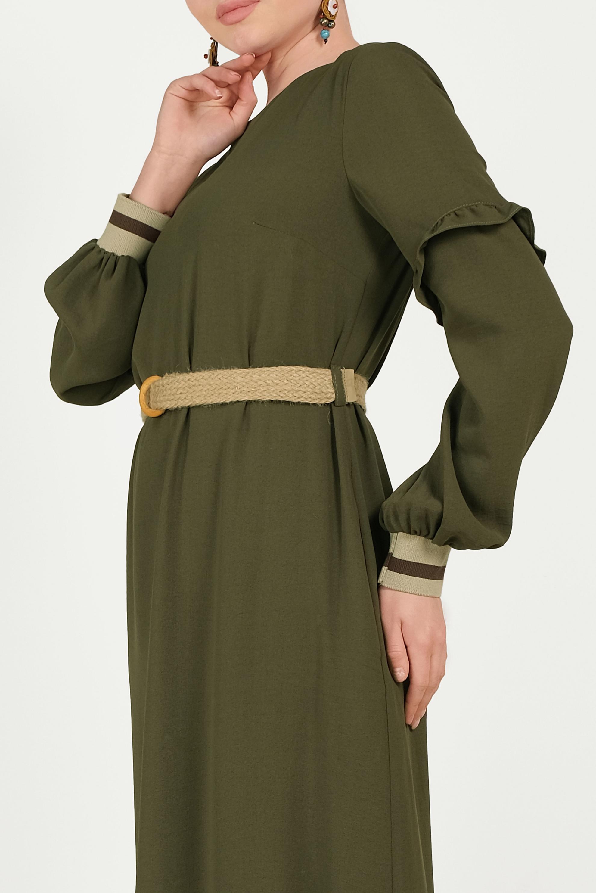 Tesettür giyim HAKİ MANŞETLERİ LASTİKLİ FIRFIRLI ELBİSE 40464