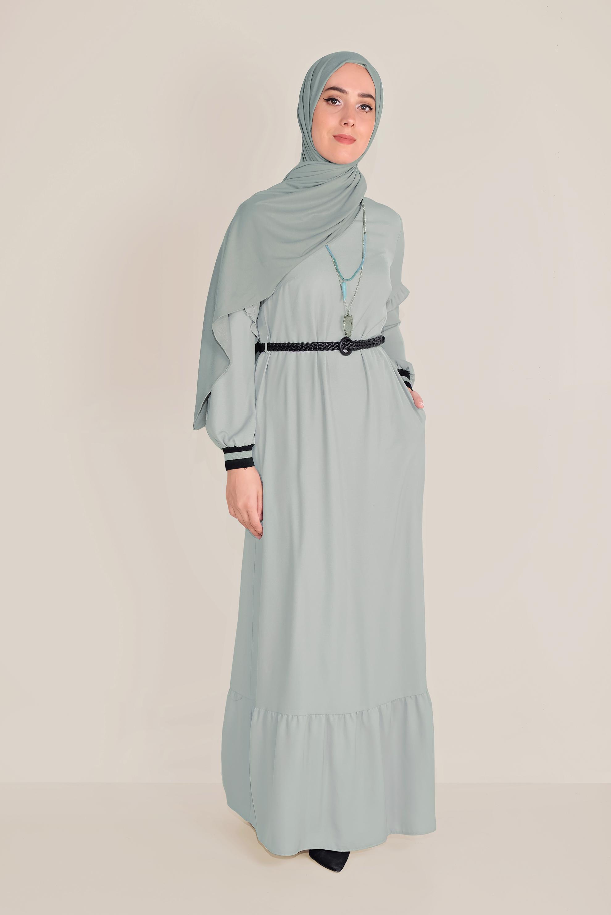 Tesettür giyim GRİ VOLAN DETAYLI TESETTÜR ELBİSE 40464-1