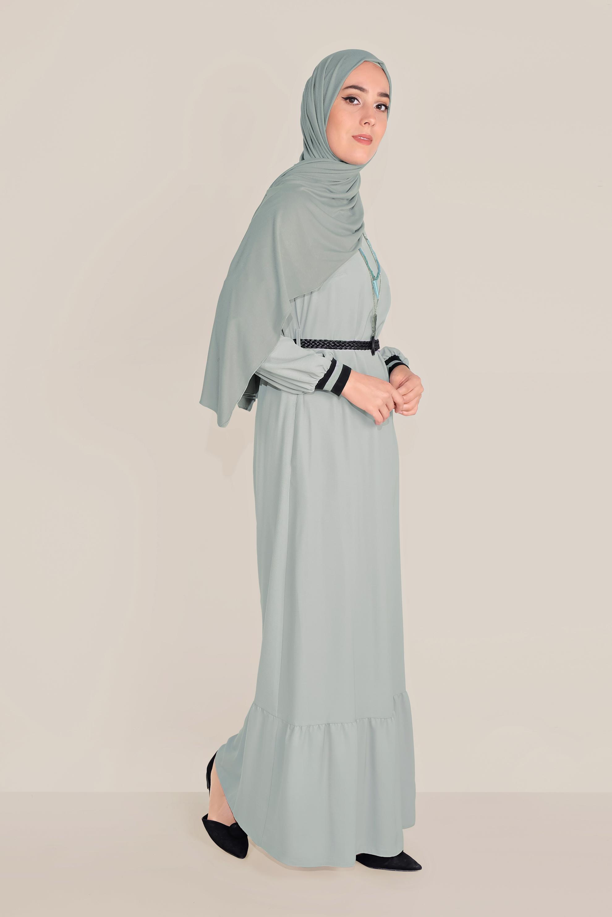 Tesettür giyim GRİ VOLAN DETAYLI TESETTÜR ELBİSE 40464-1