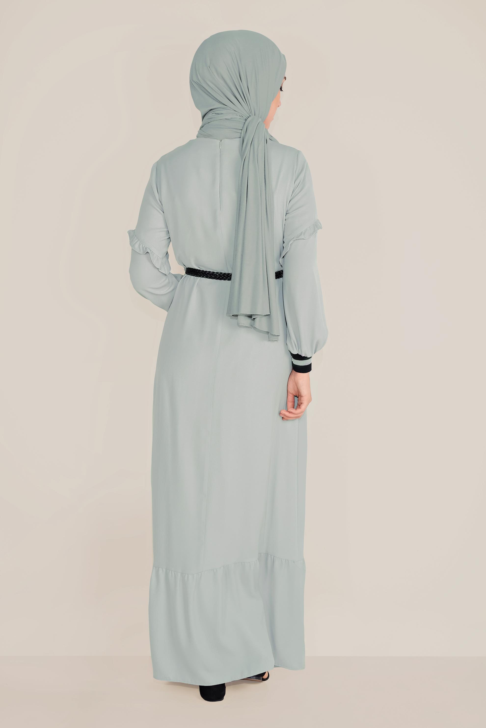 Tesettür giyim GRİ VOLAN DETAYLI TESETTÜR ELBİSE 40464-1