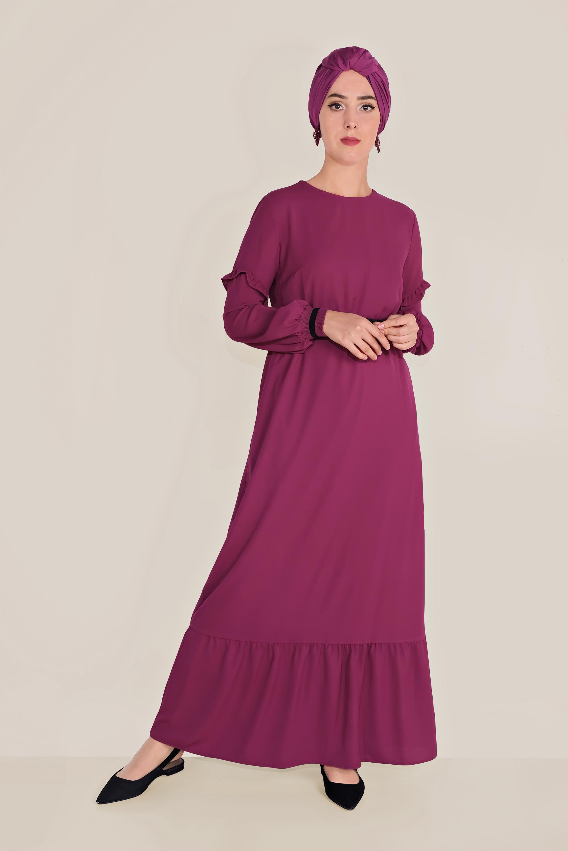 Tesettür giyim MOR VOLAN DETAYLI TESETTÜR ELBİSE 40464-1