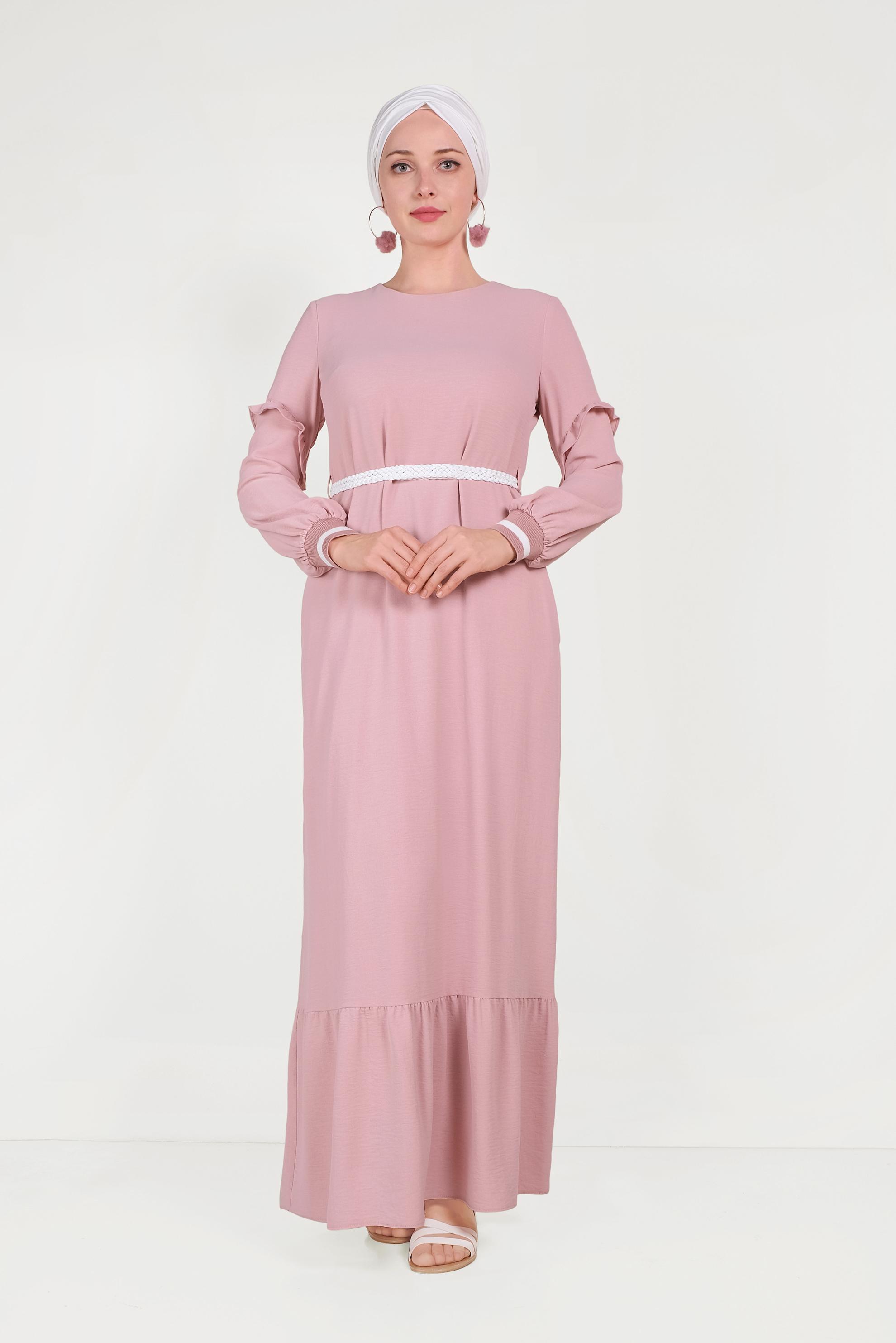 Tesettür giyim PUDRA MANŞETLERİ LASTİKLİ FIRFIRLI ELBİSE 40464