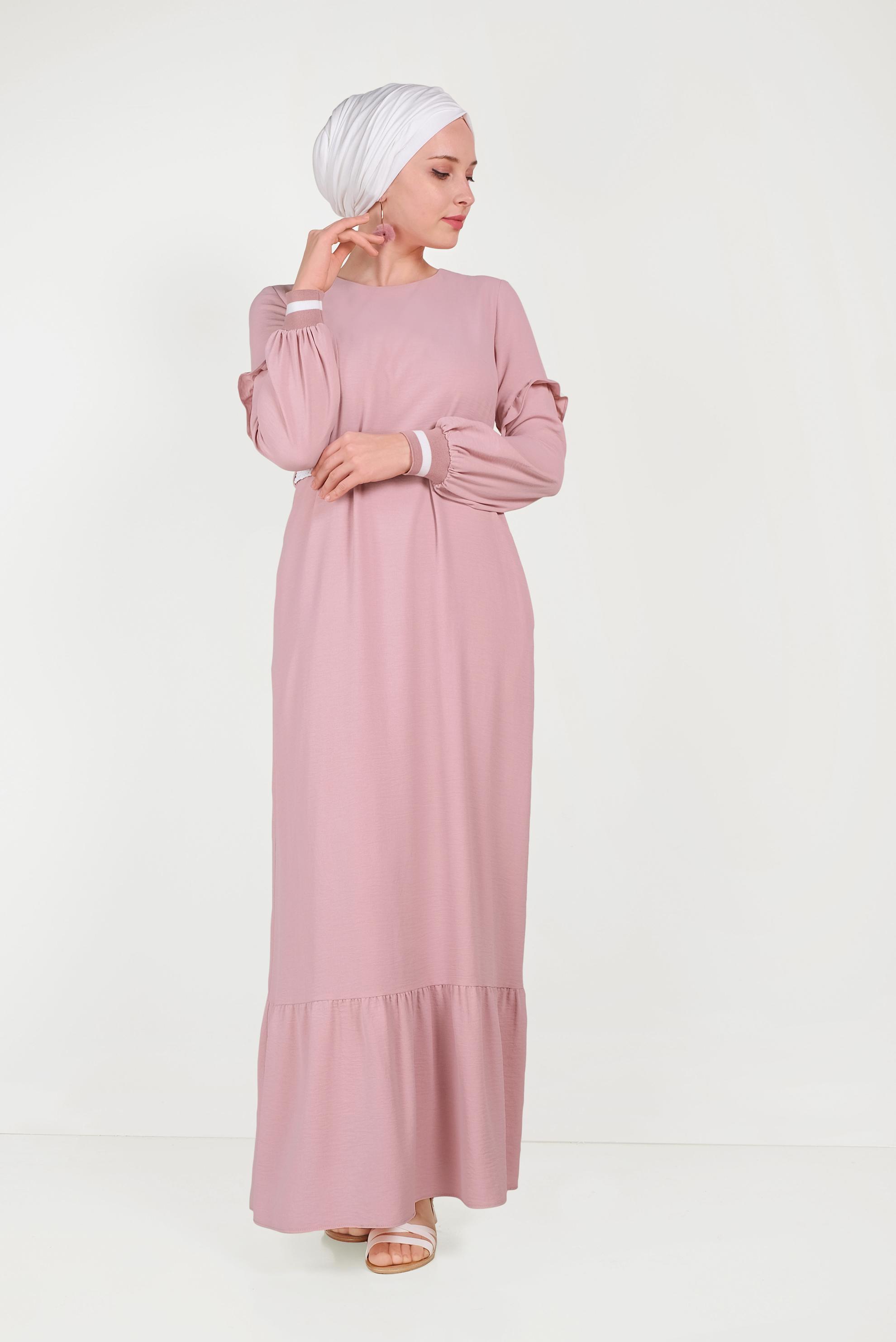Tesettür giyim PUDRA MANŞETLERİ LASTİKLİ FIRFIRLI ELBİSE 40464