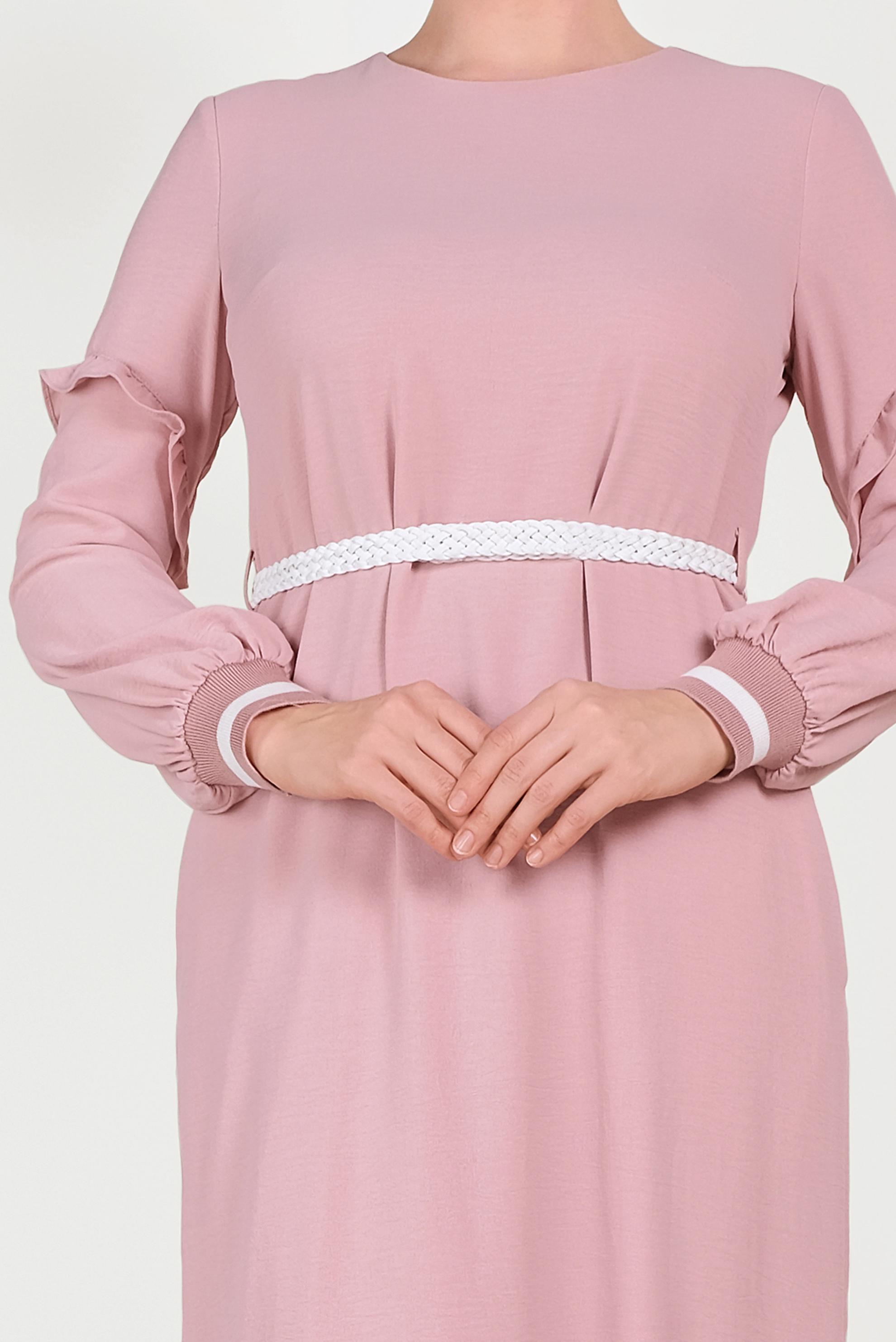 Tesettür giyim PUDRA MANŞETLERİ LASTİKLİ FIRFIRLI ELBİSE 40464