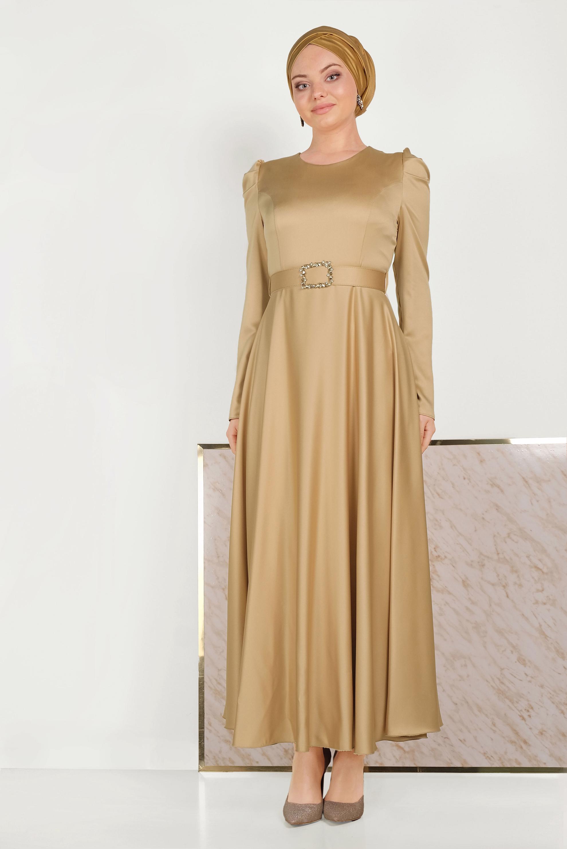 Tesettür giyim SARI SATEN ELBİSE 40466