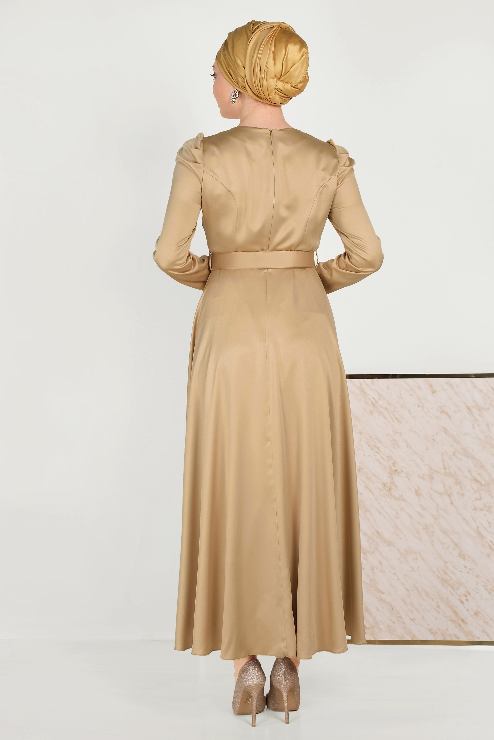 Tesettür giyim SARI SATEN ELBİSE 40466