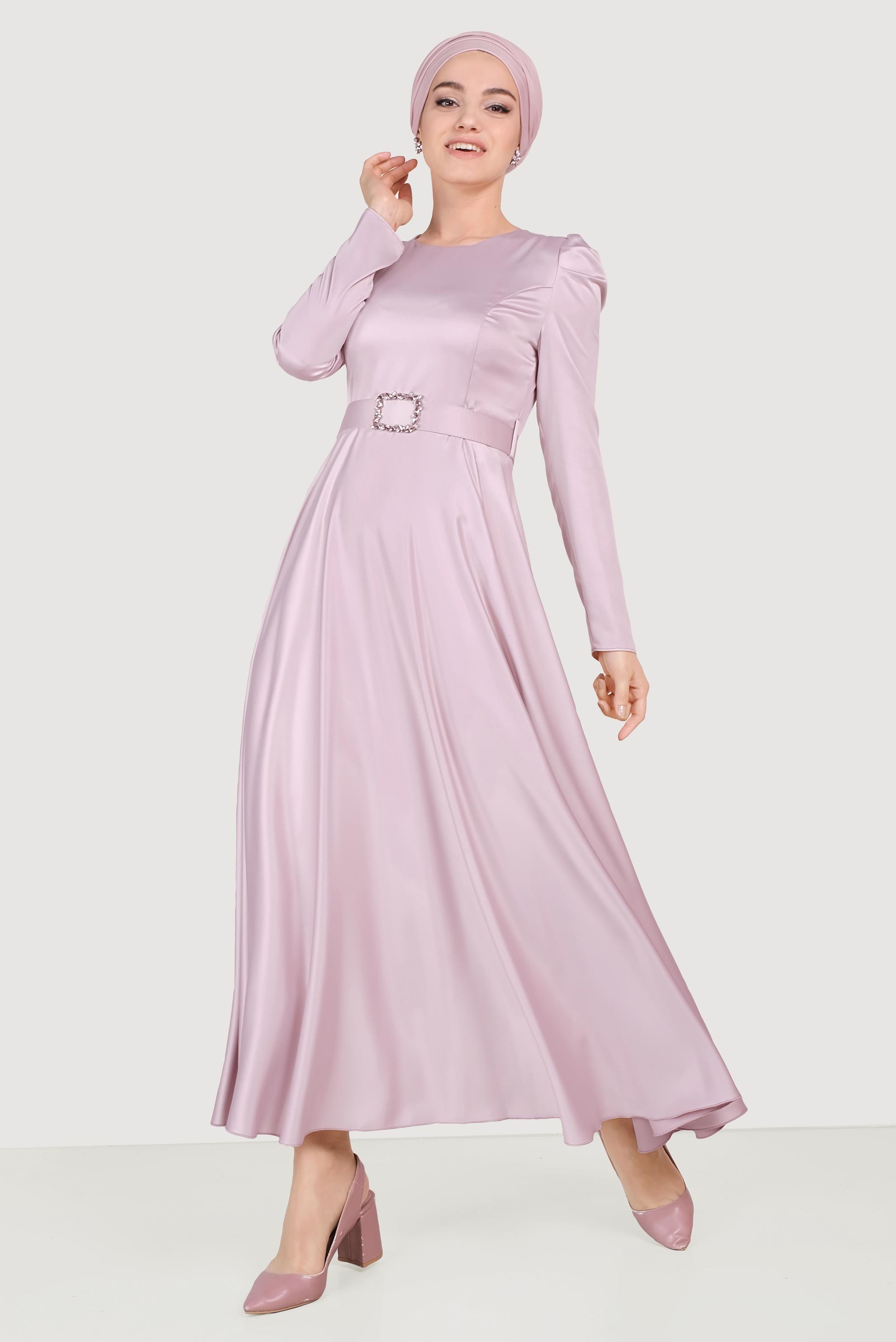 Tesettür giyim MOR SATEN ELBİSE 40466