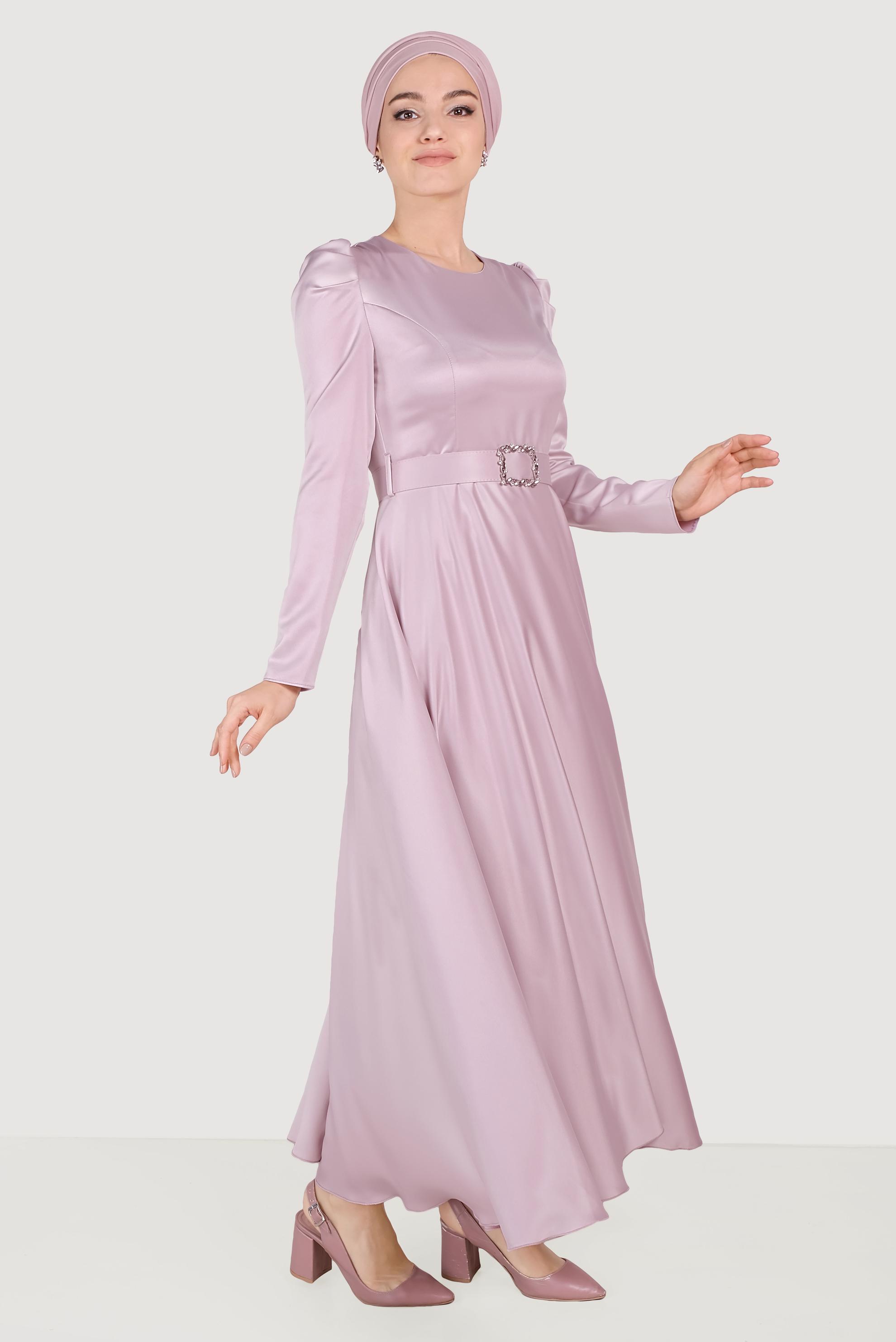 Tesettür giyim MOR SATEN ELBİSE 40466