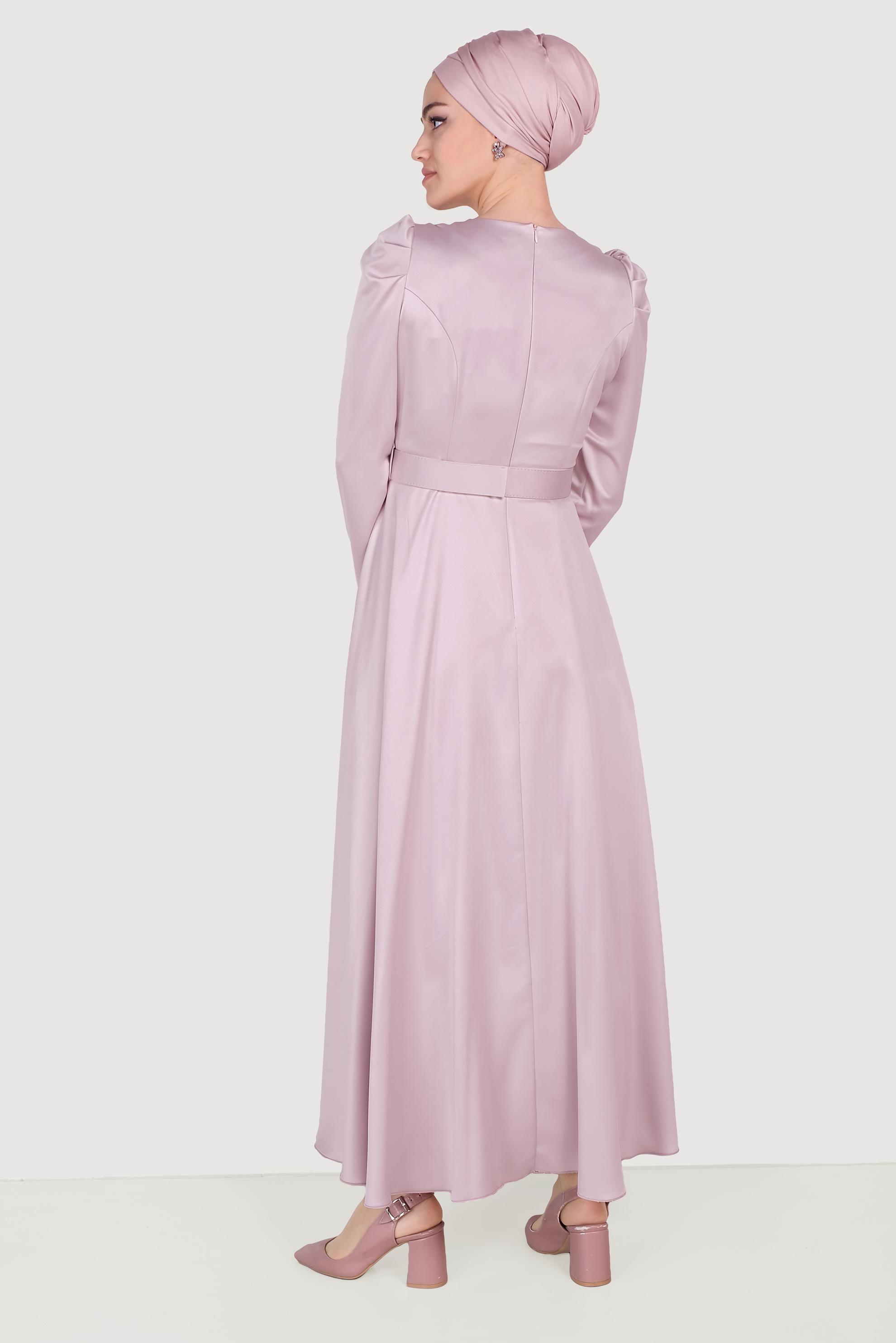 Tesettür giyim MOR SATEN ELBİSE 40466