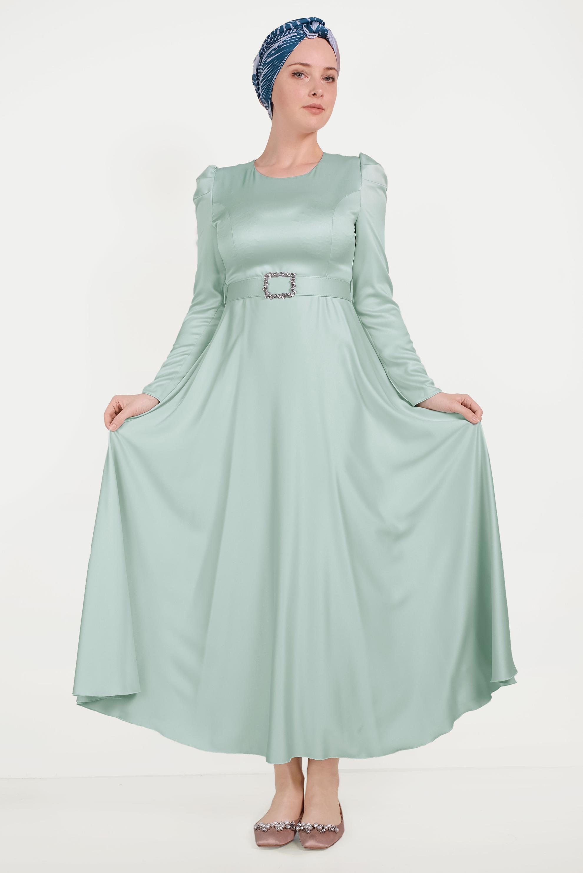 Tesettür giyim YEŞİL SATEN ELBİSE 40466
