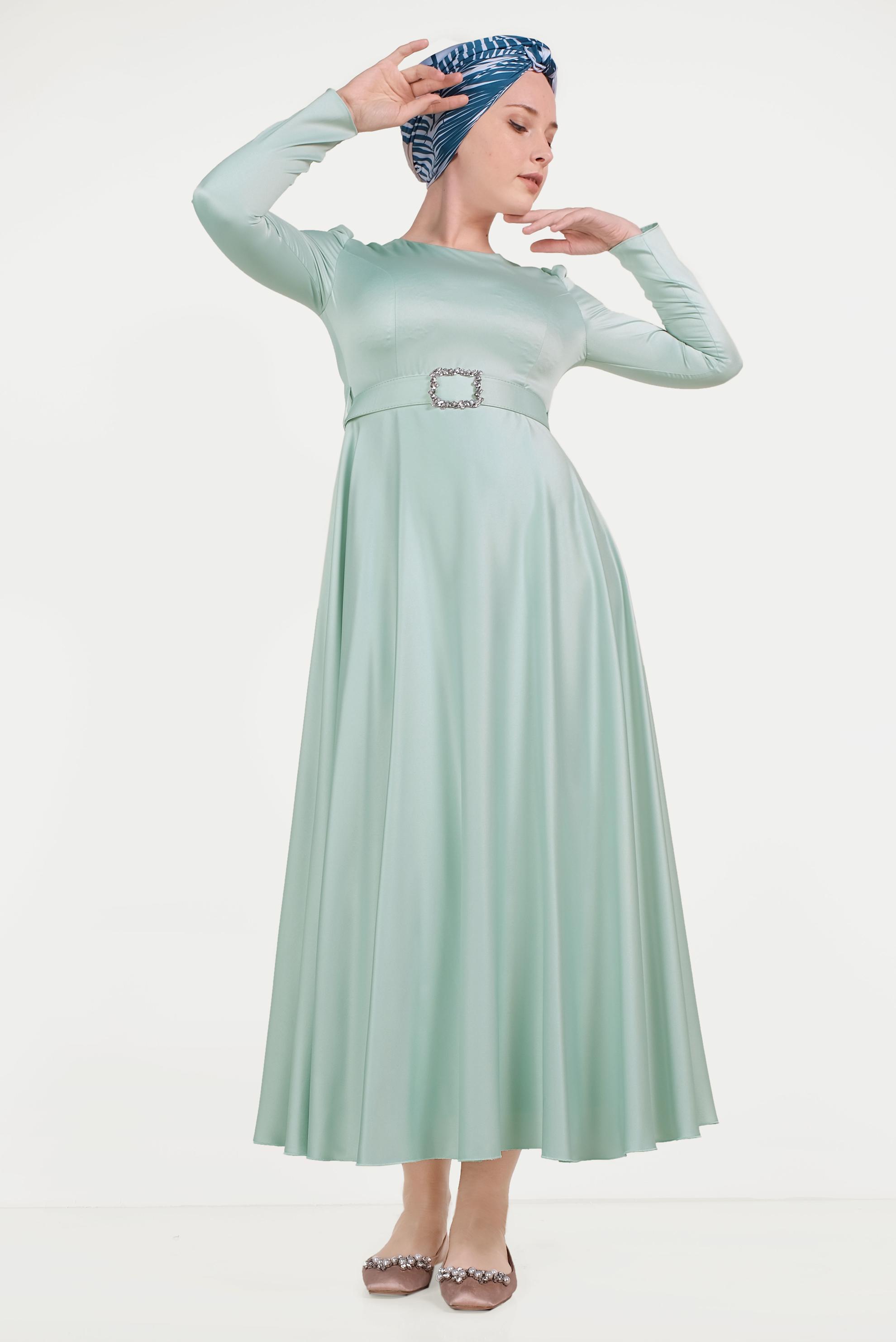 Tesettür giyim YEŞİL SATEN ELBİSE 40466