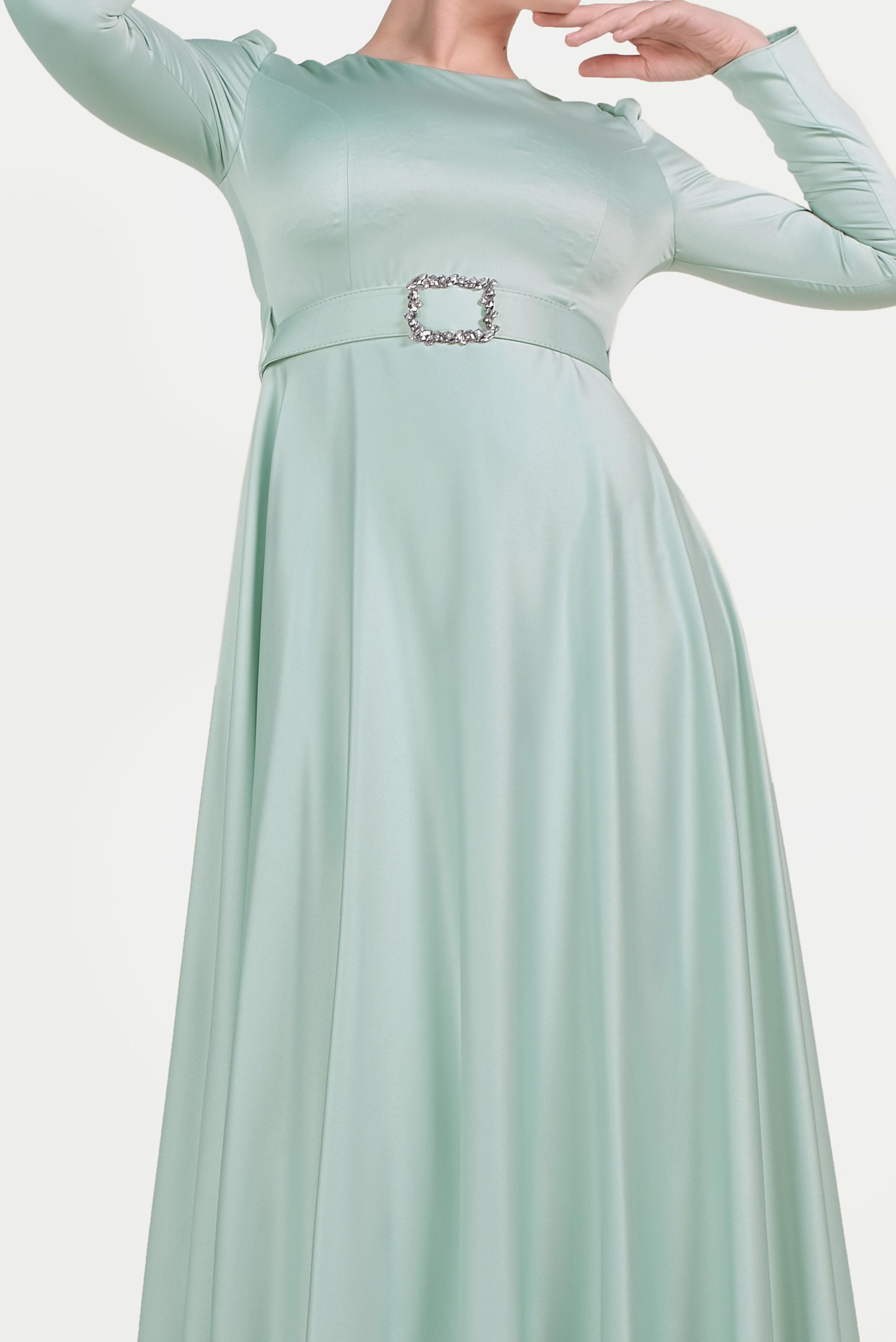 Tesettür giyim YEŞİL SATEN ELBİSE 40466