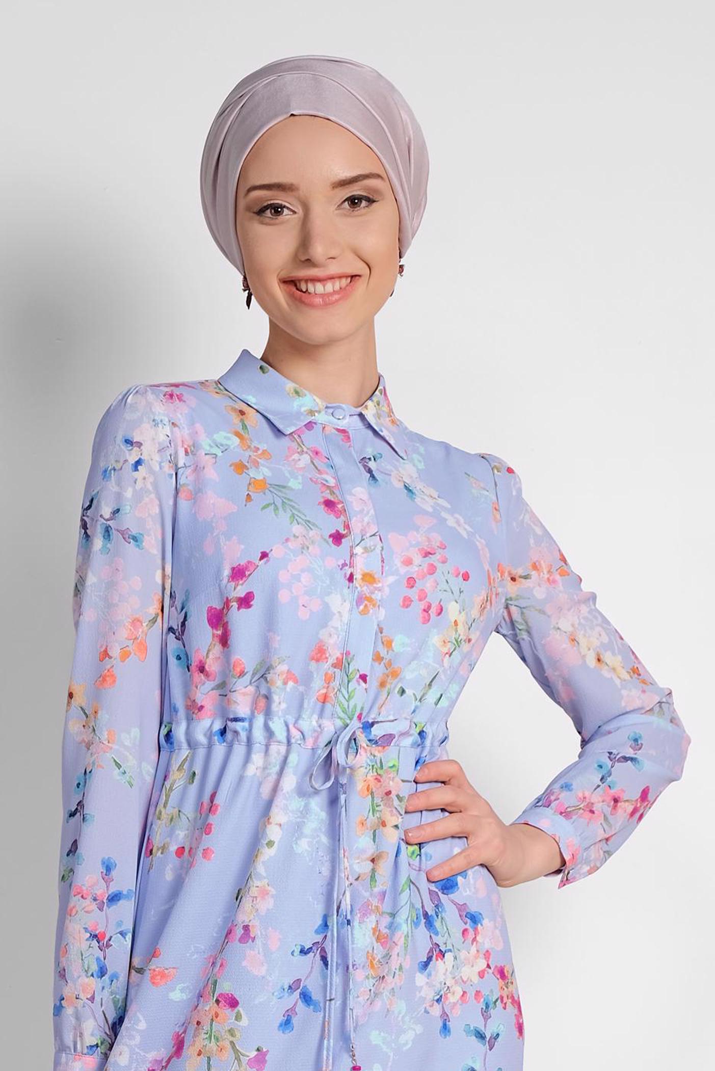 Tesettür giyim MAVİ ÇİÇEK DESENLİ ELBİSE 4048