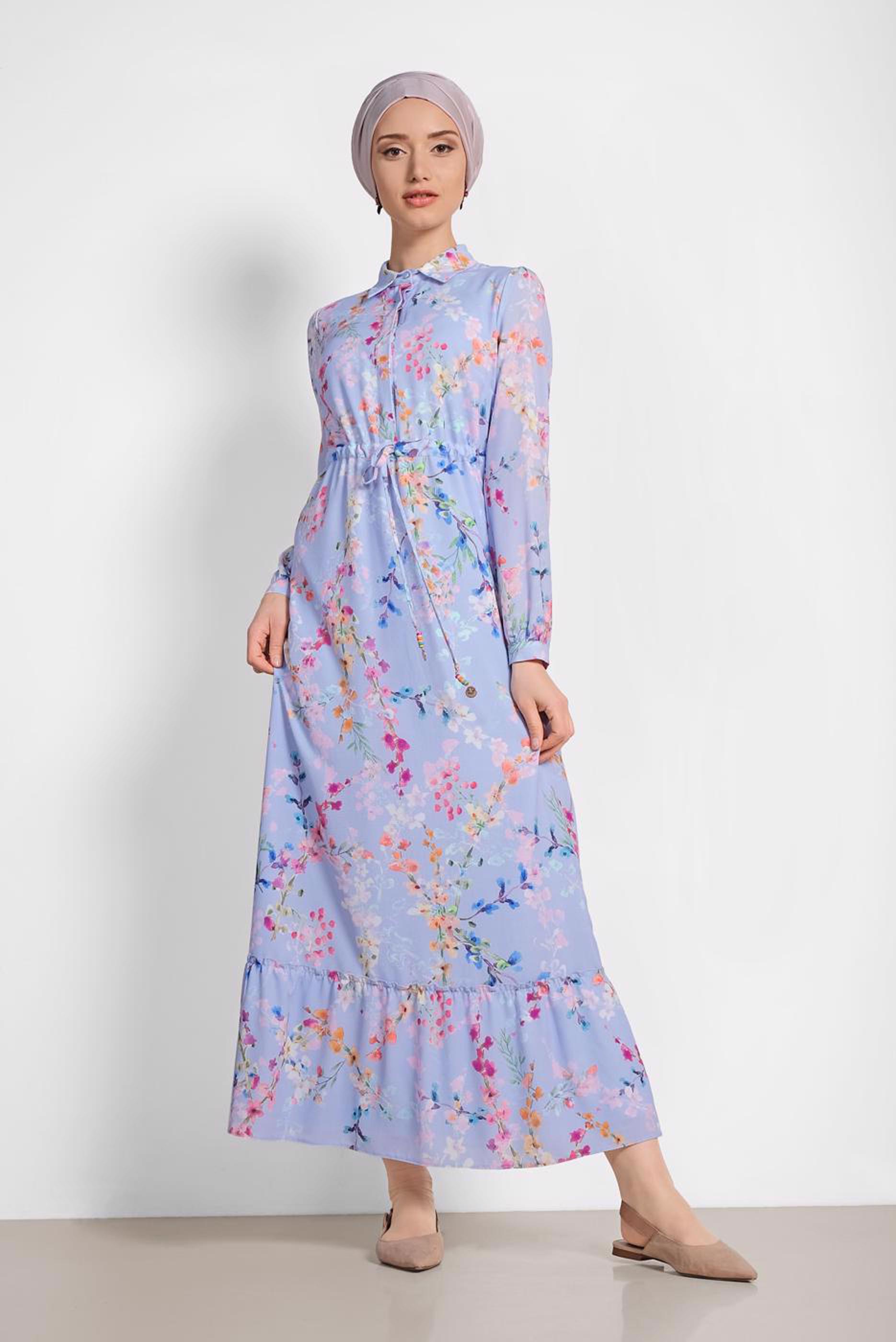 Tesettür giyim MAVİ ÇİÇEK DESENLİ ELBİSE 4048