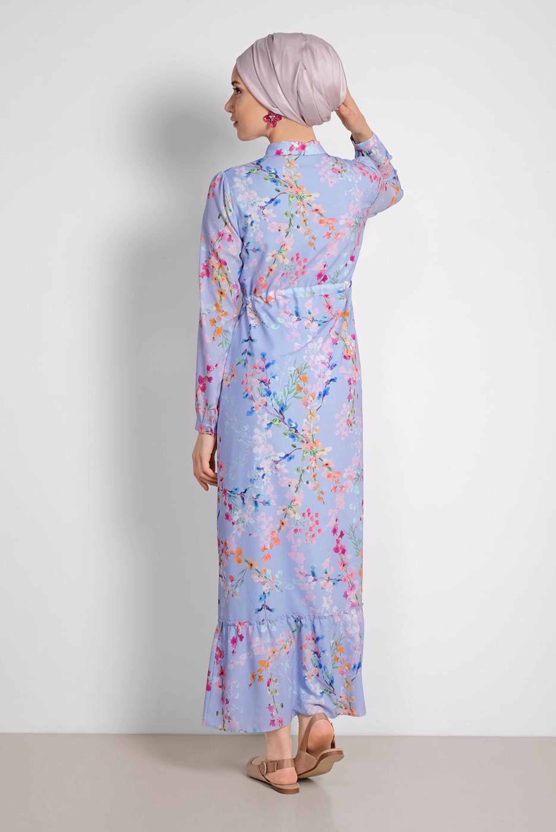 Tesettür giyim MAVİ ÇİÇEK DESENLİ ELBİSE 4048