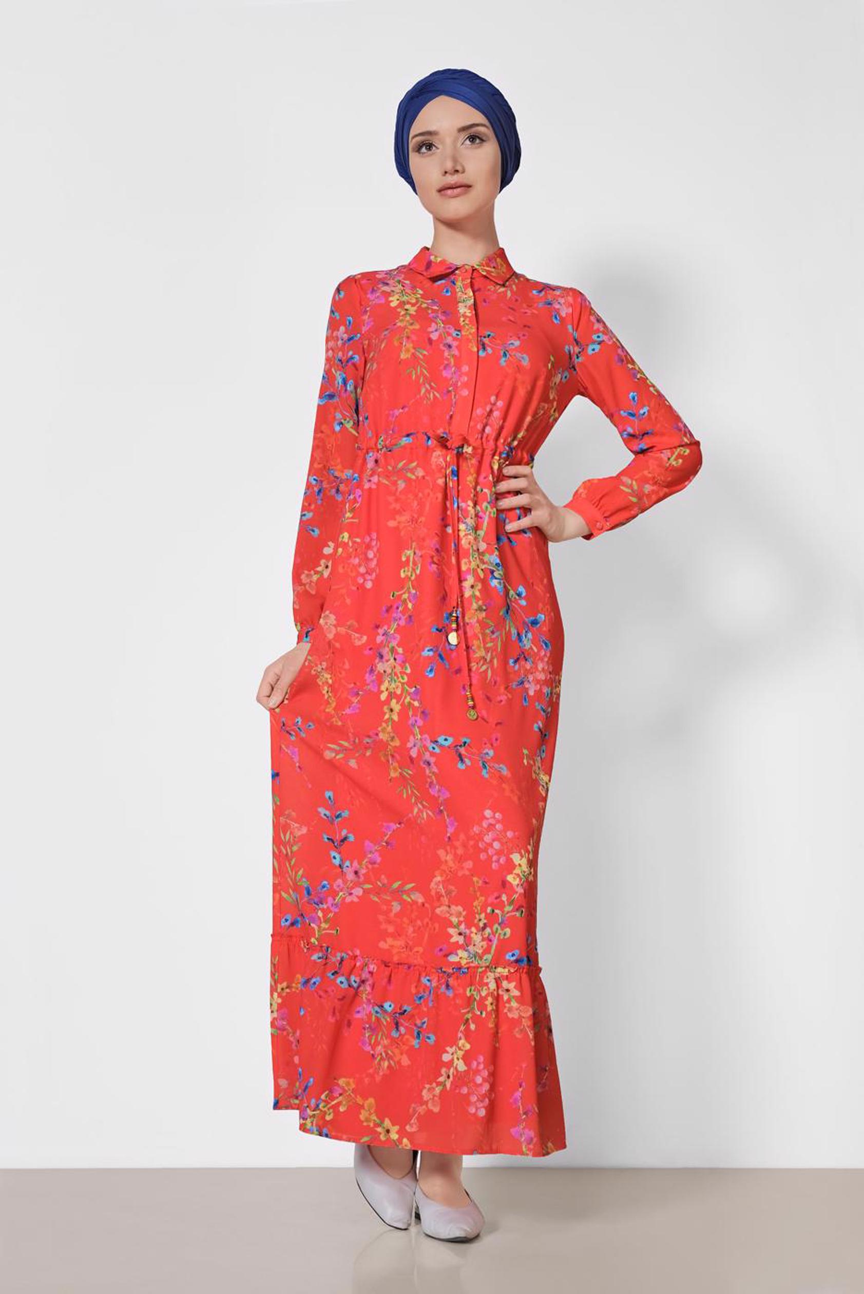 Tesettür giyim KIRMIZI ÇİÇEK DESENLİ ELBİSE 4048