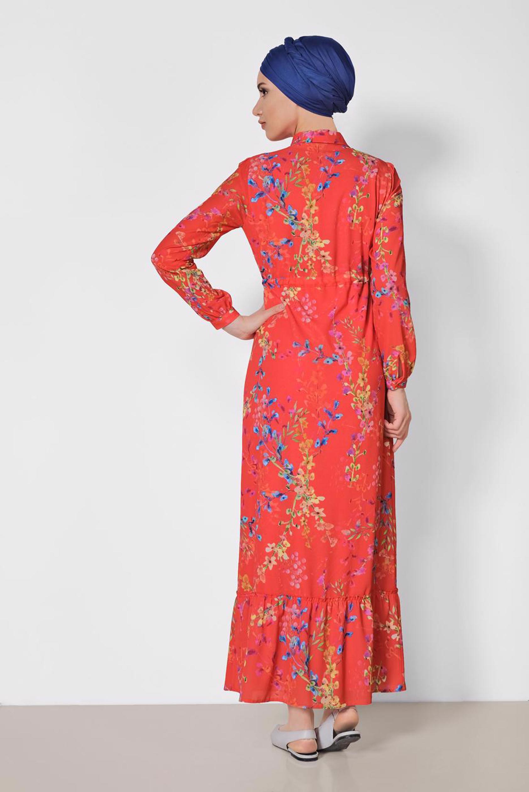 Tesettür giyim KIRMIZI ÇİÇEK DESENLİ ELBİSE 4048