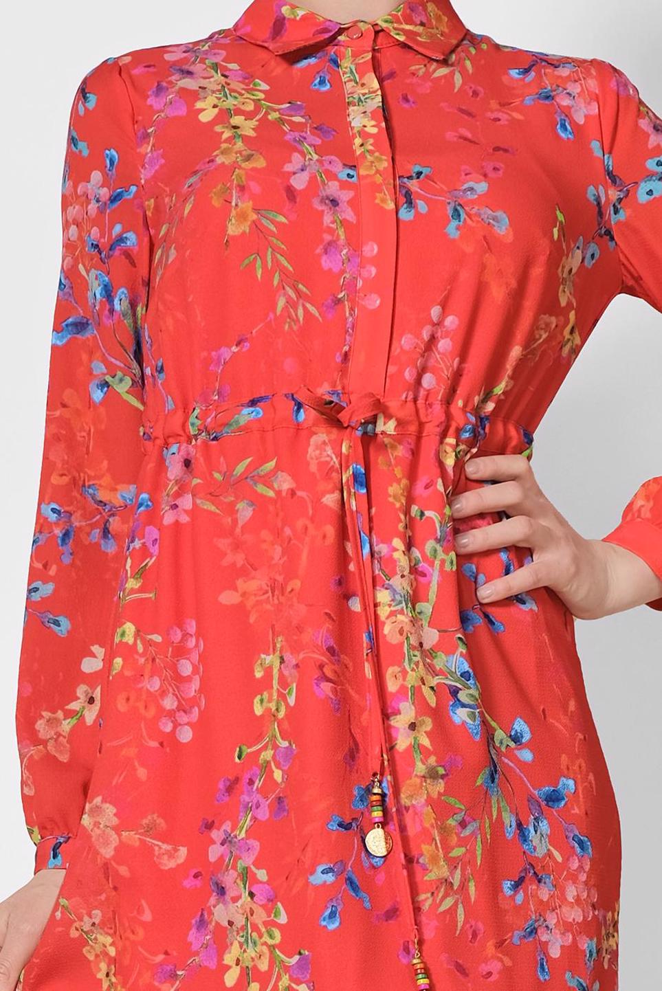 Tesettür giyim KIRMIZI ÇİÇEK DESENLİ ELBİSE 4048